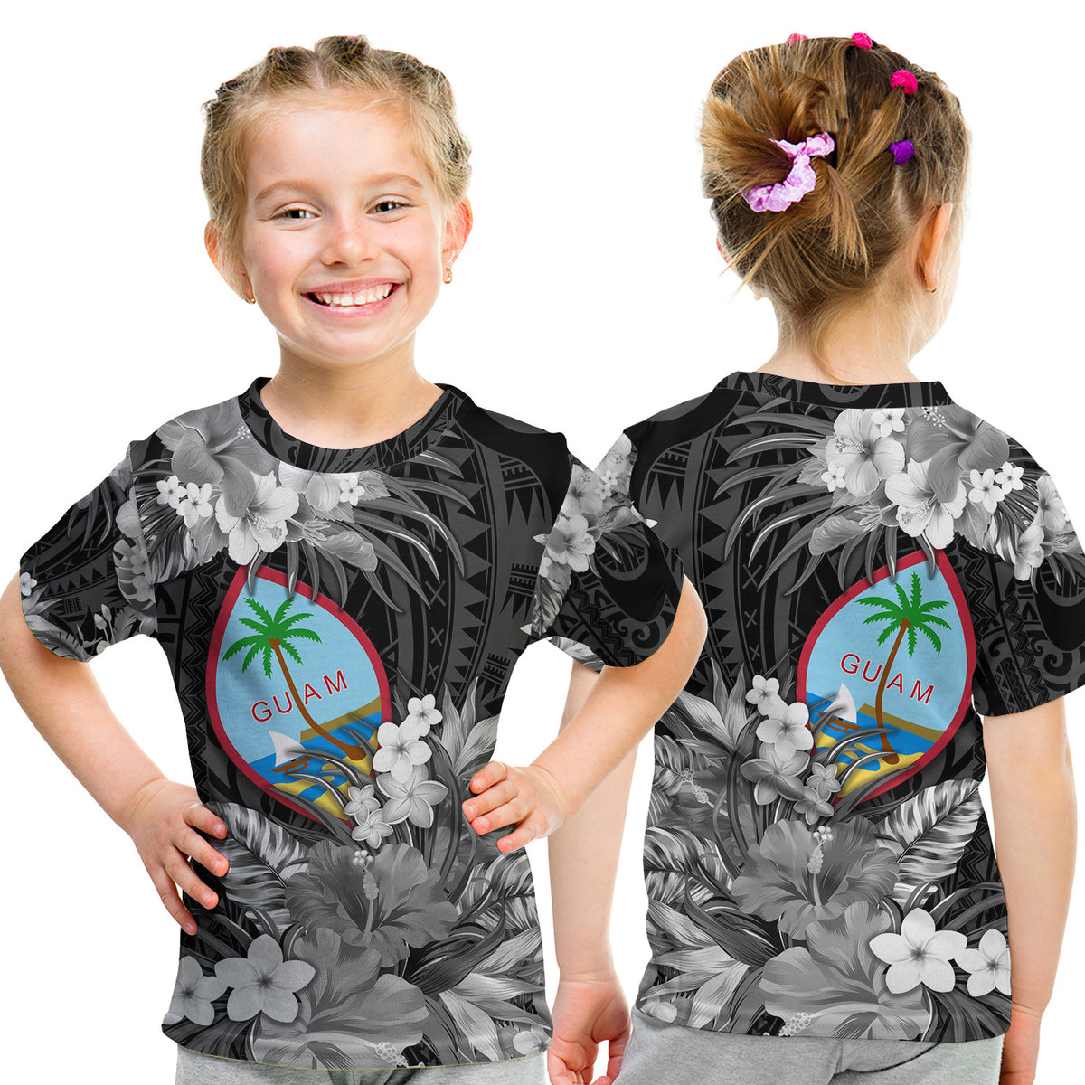 Guam Polynesian T Shirt KID Tropical Flowers - Black LT8 - Polynesian Pride