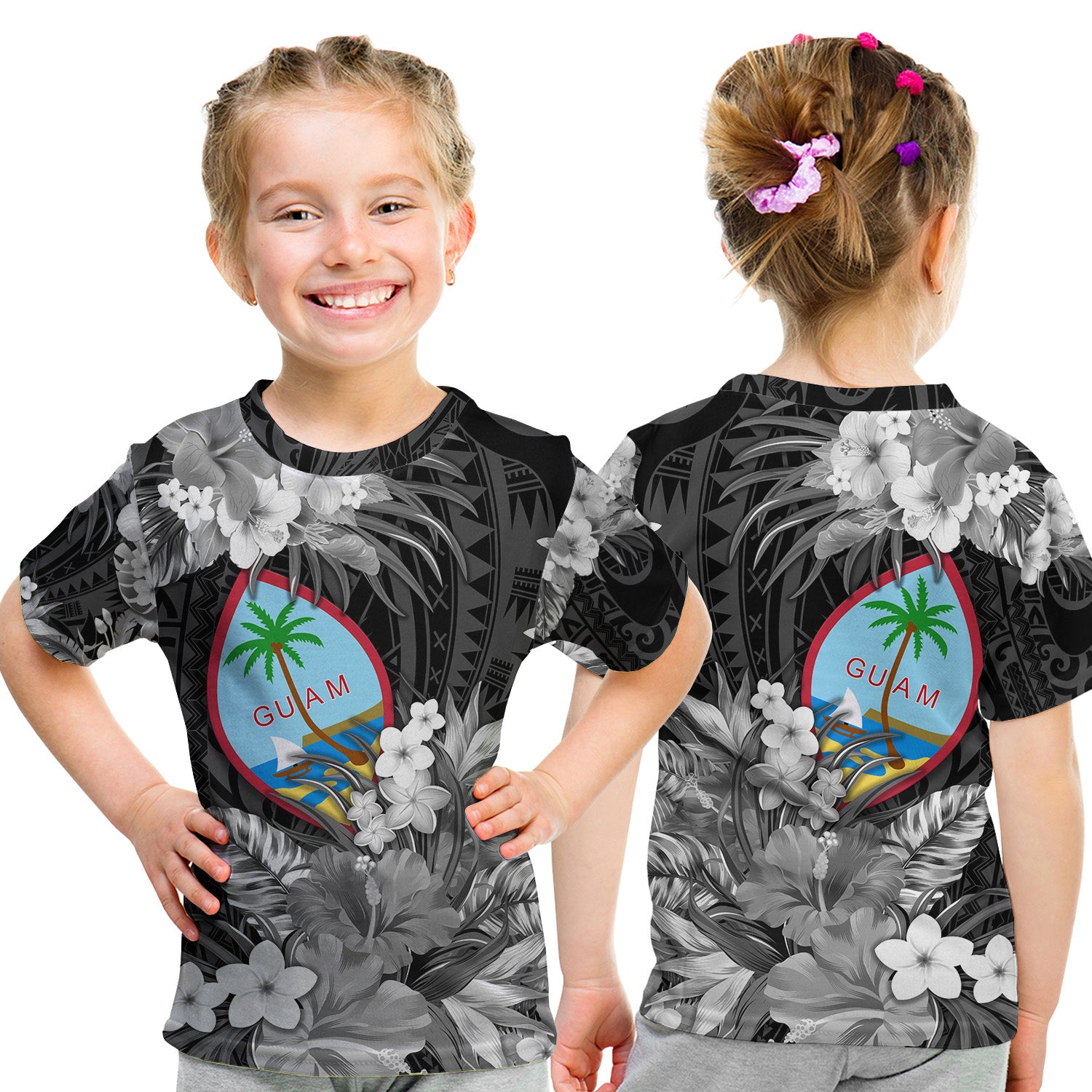 Guam Polynesian T Shirt KID Tropical Flowers - Black LT8 - Polynesian Pride