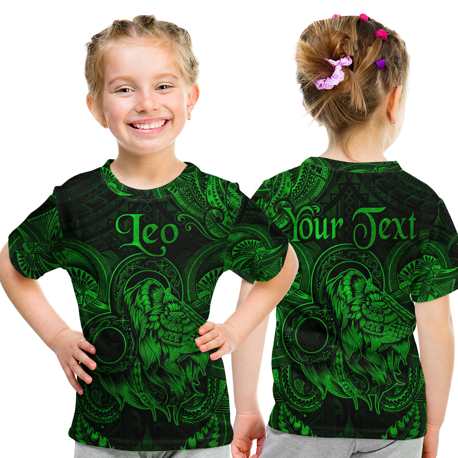 (Custom Personalised) Leo Zodiac Polynesian T Shirt Kid Unique Style - Green LT8 - Polynesian Pride