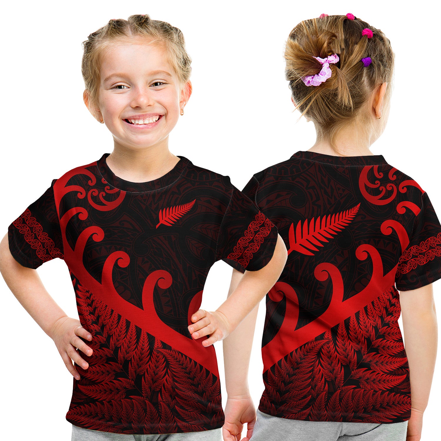 New Zealand Rugby Maori T Shirt Kid Silver Fern Koru Vibes - Red LT8 - Polynesian Pride