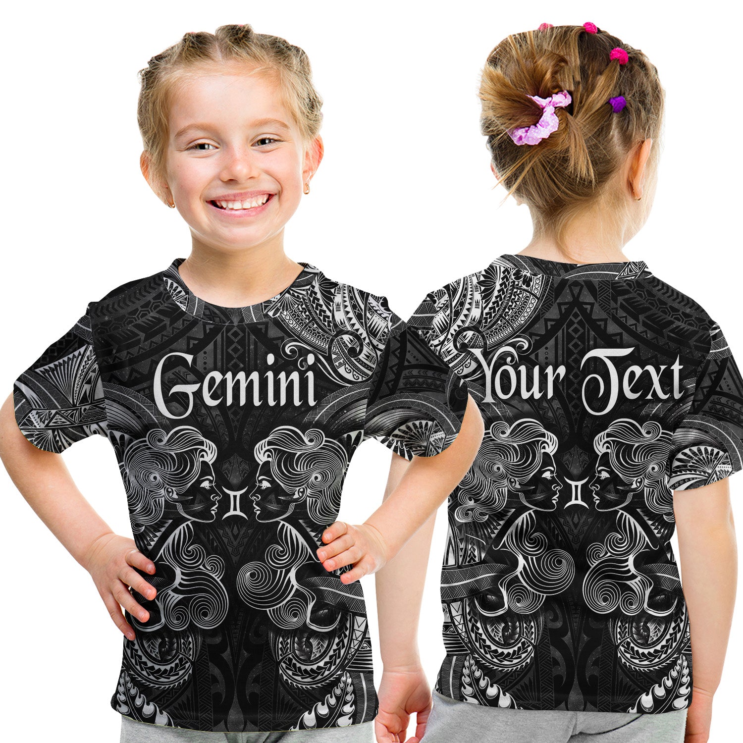 (Custom Personalised) Gemini Zodiac Polynesian T Shirt Kid Unique Style - Black LT8 - Polynesian Pride