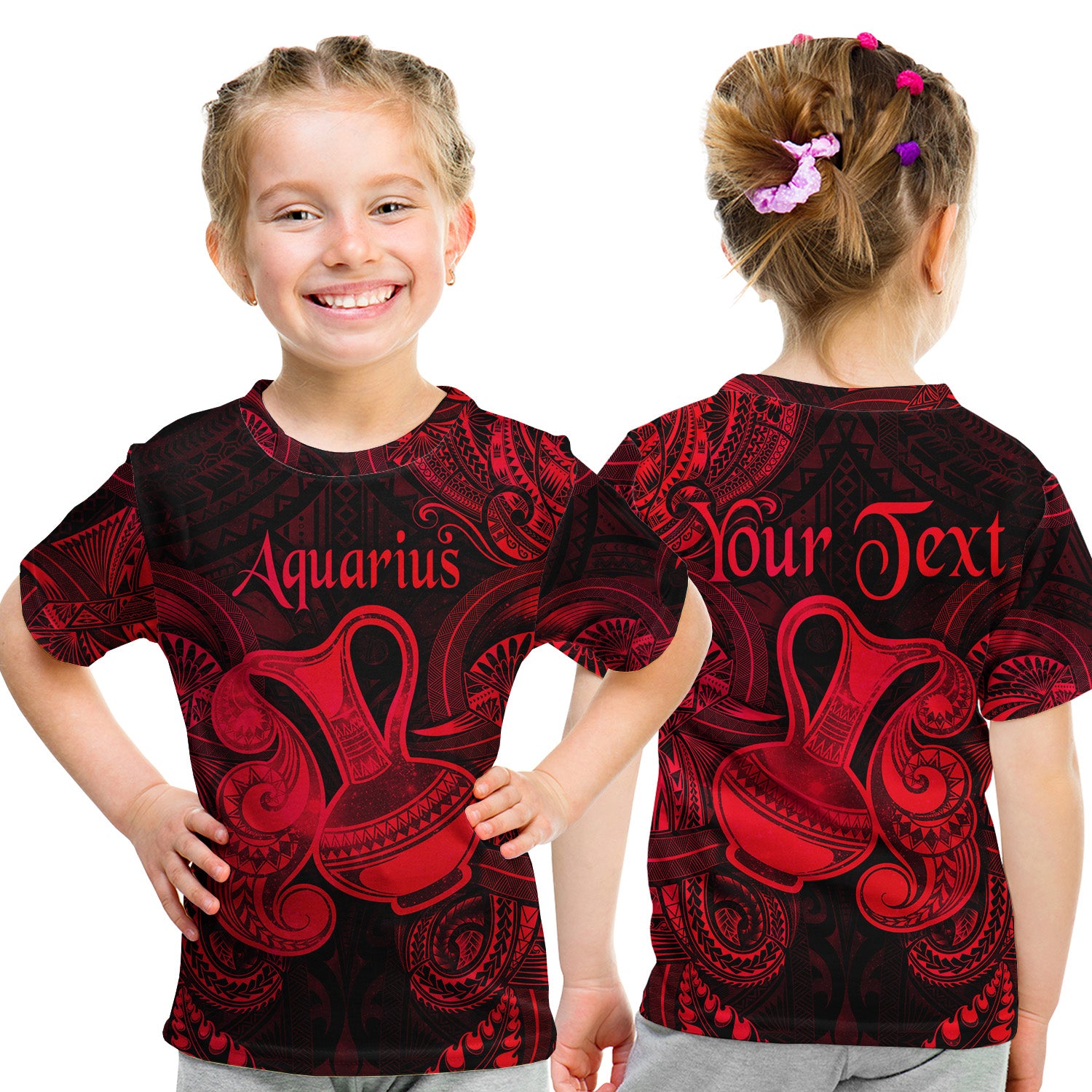 (Custom Personalised) Aquarius Zodiac Polynesian T Shirt Kid Unique Style - Red LT8 - Polynesian Pride