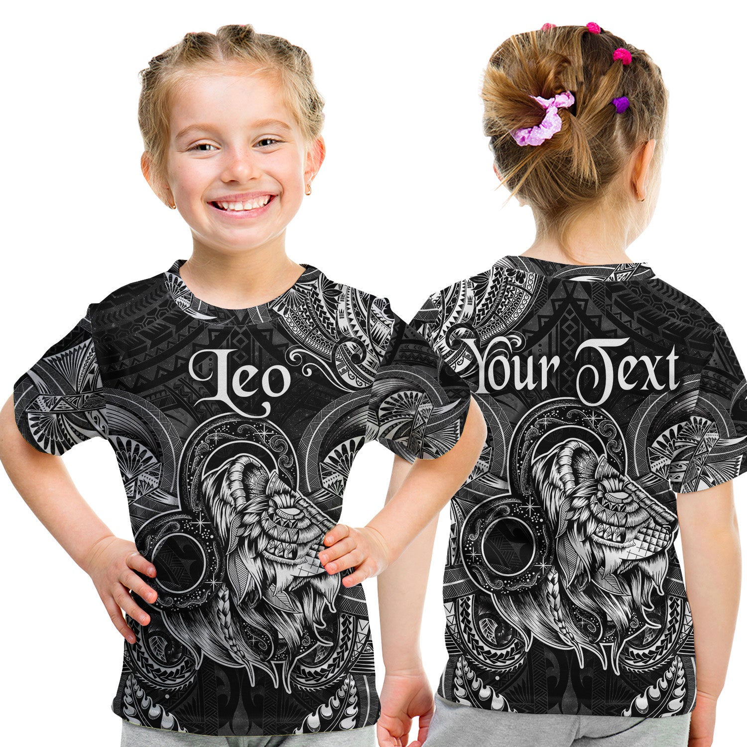 (Custom Personalised) Leo Zodiac Polynesian T Shirt Kid Unique Style - Black LT8 - Polynesian Pride