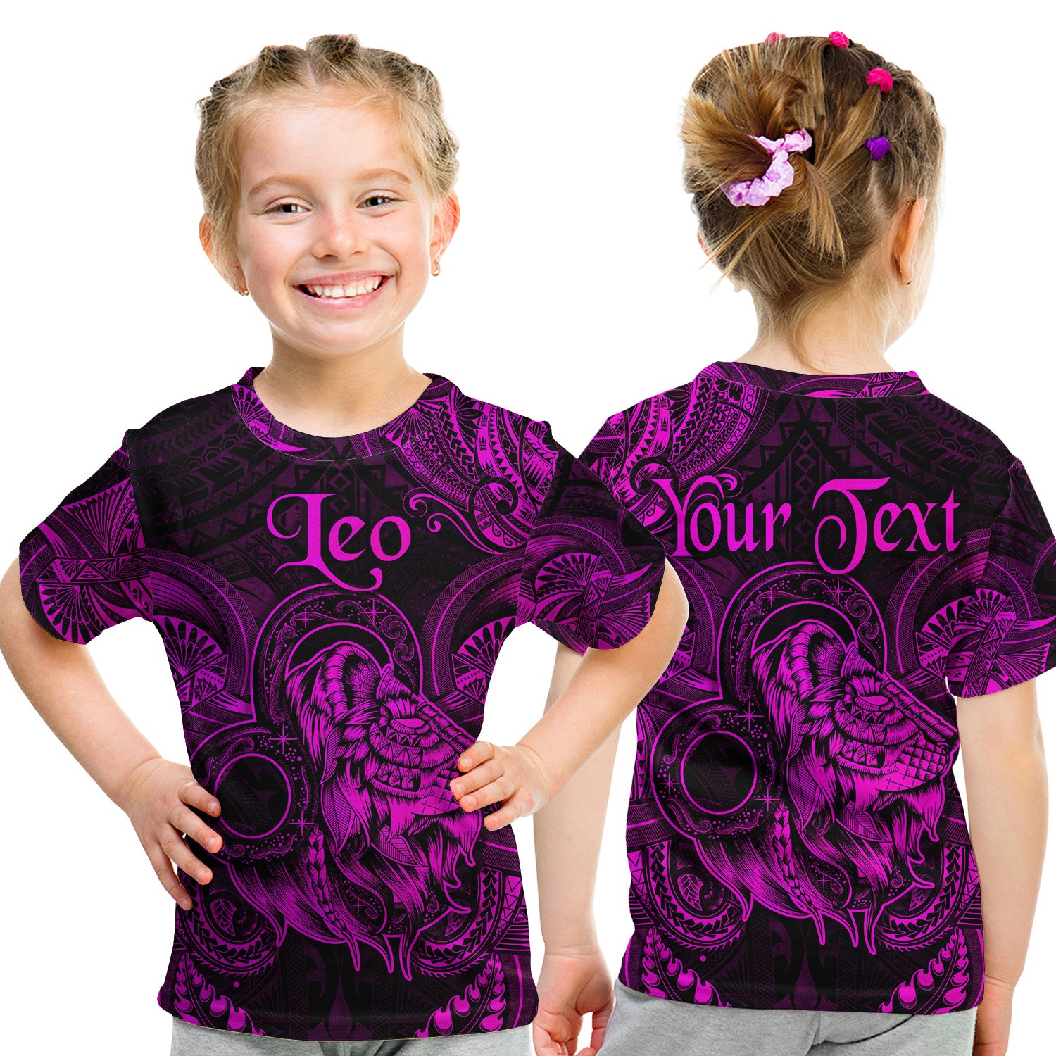 (Custom Personalised) Leo Zodiac Polynesian T Shirt Kid Unique Style - Pink LT8 - Polynesian Pride