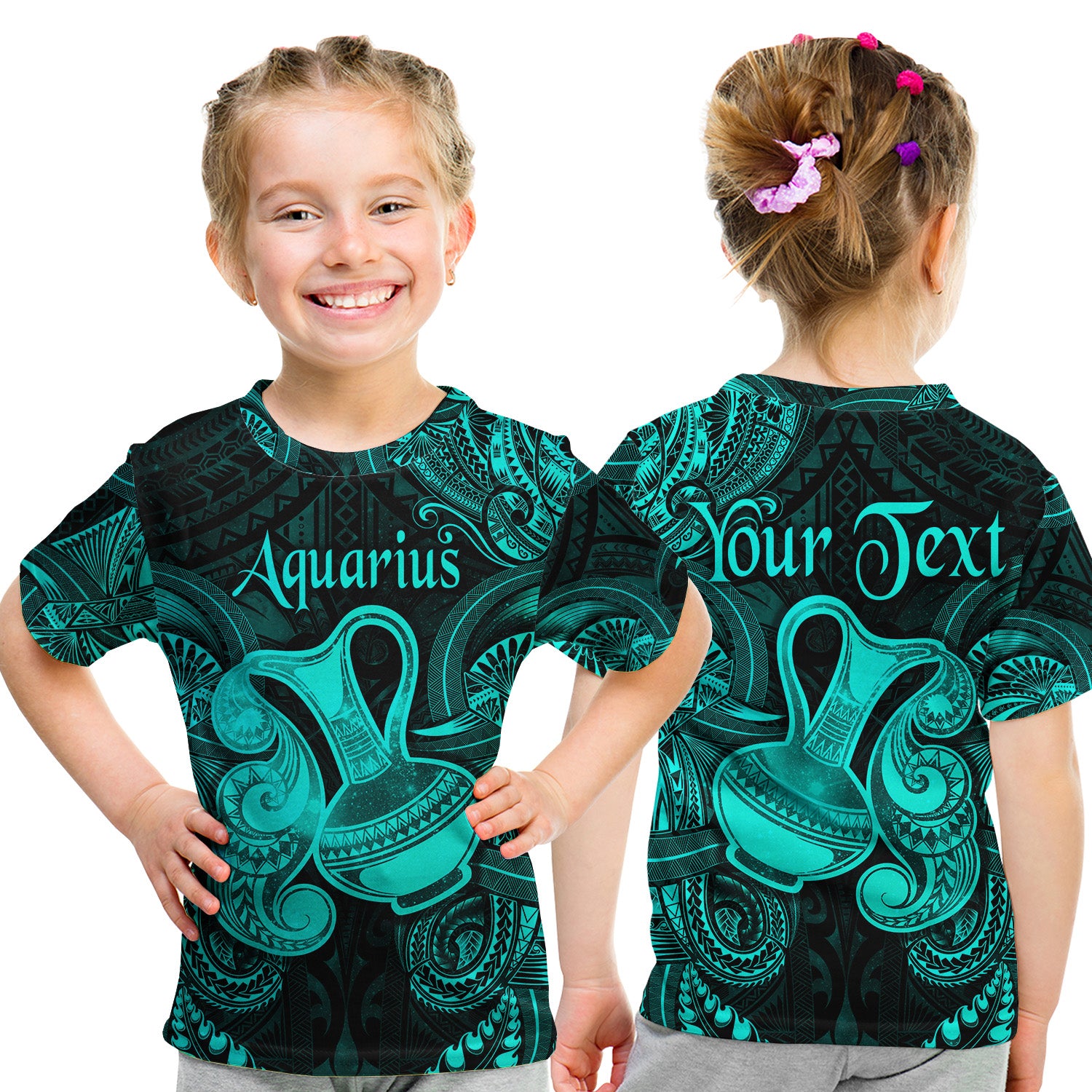 (Custom Personalised) Aquarius Zodiac Polynesian T Shirt Kid Unique Style - Turquoise LT8 - Polynesian Pride