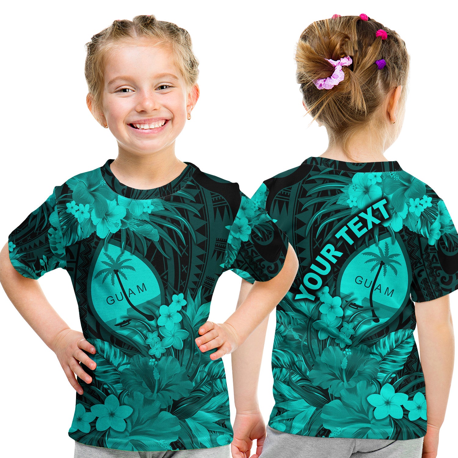 (Custom Personalised) Guam Polynesian T Shirt KID Tropical Flowers - Turquoise LT8 - Polynesian Pride