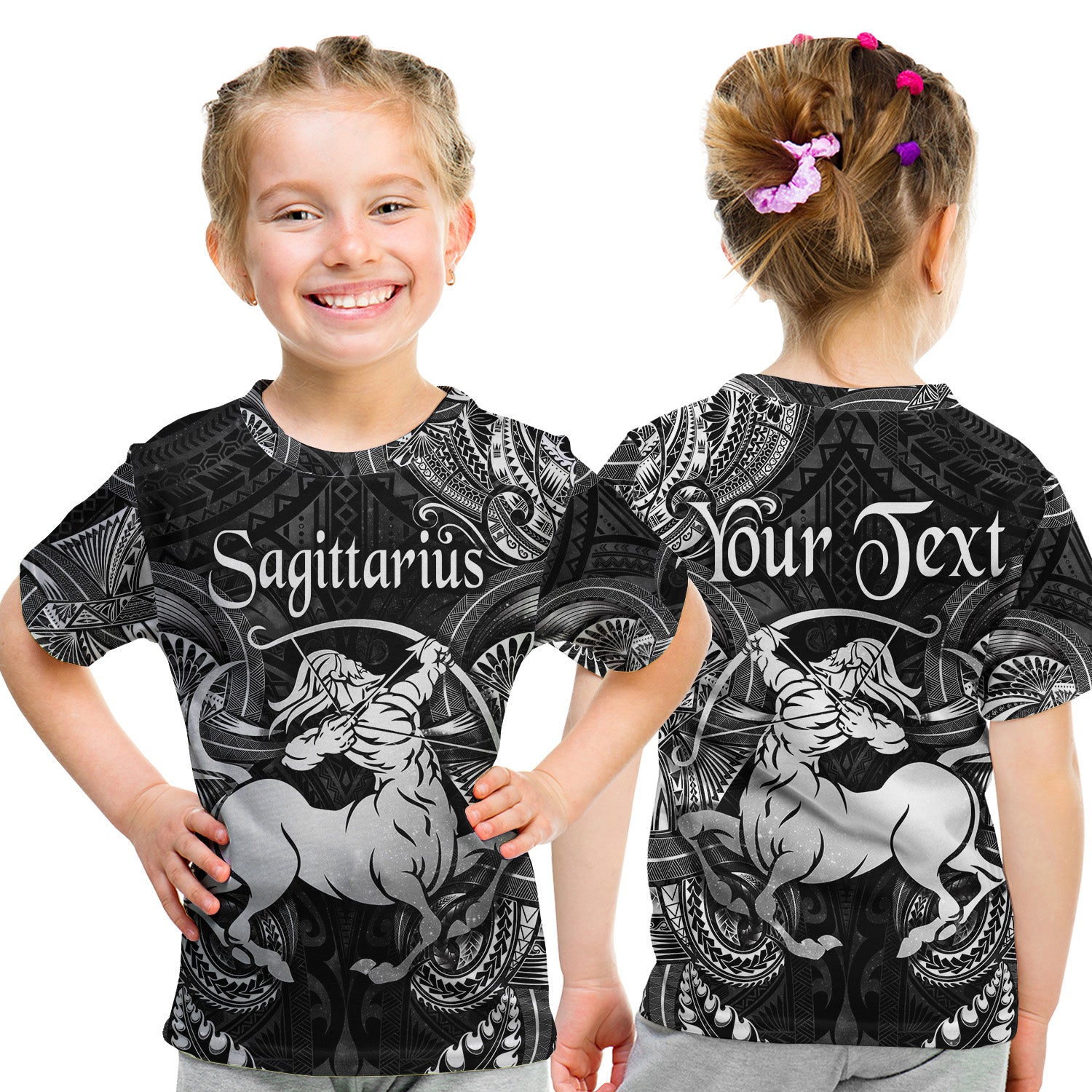 (Custom Personalised) Sagittarius Zodiac Polynesian T Shirt Kid Unique Style - Black LT8 - Polynesian Pride