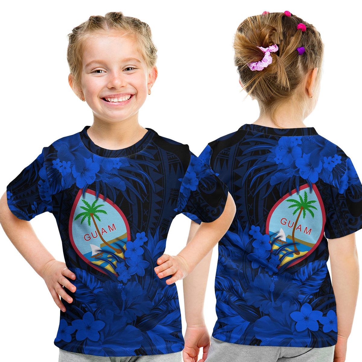 Guam Polynesian T Shirt KID Tropical Flowers - Blue LT8 - Polynesian Pride