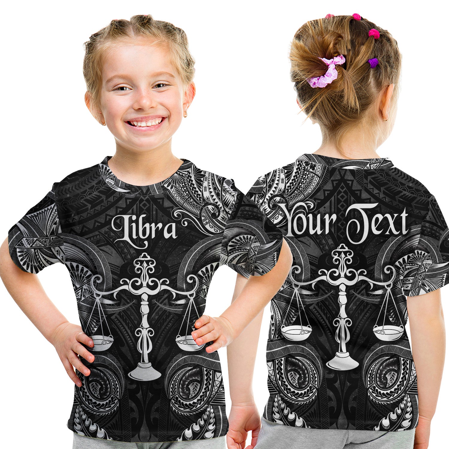 (Custom Personalised) Libra Zodiac Polynesian T Shirt Kid Unique Style - Black LT8 - Polynesian Pride