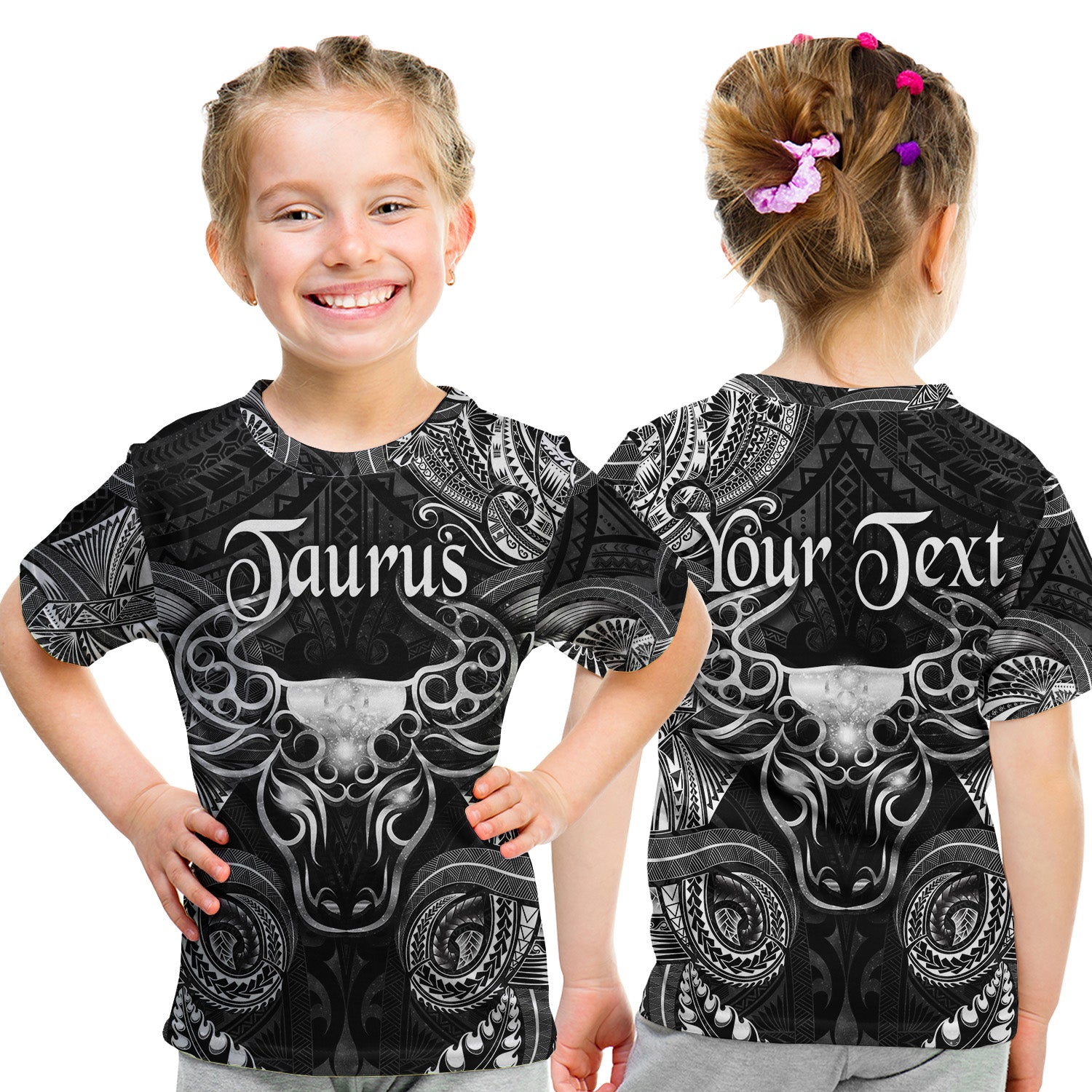 (Custom Personalised) Taurus Zodiac Polynesian T Shirt Kid Unique Style - Black LT8 - Polynesian Pride