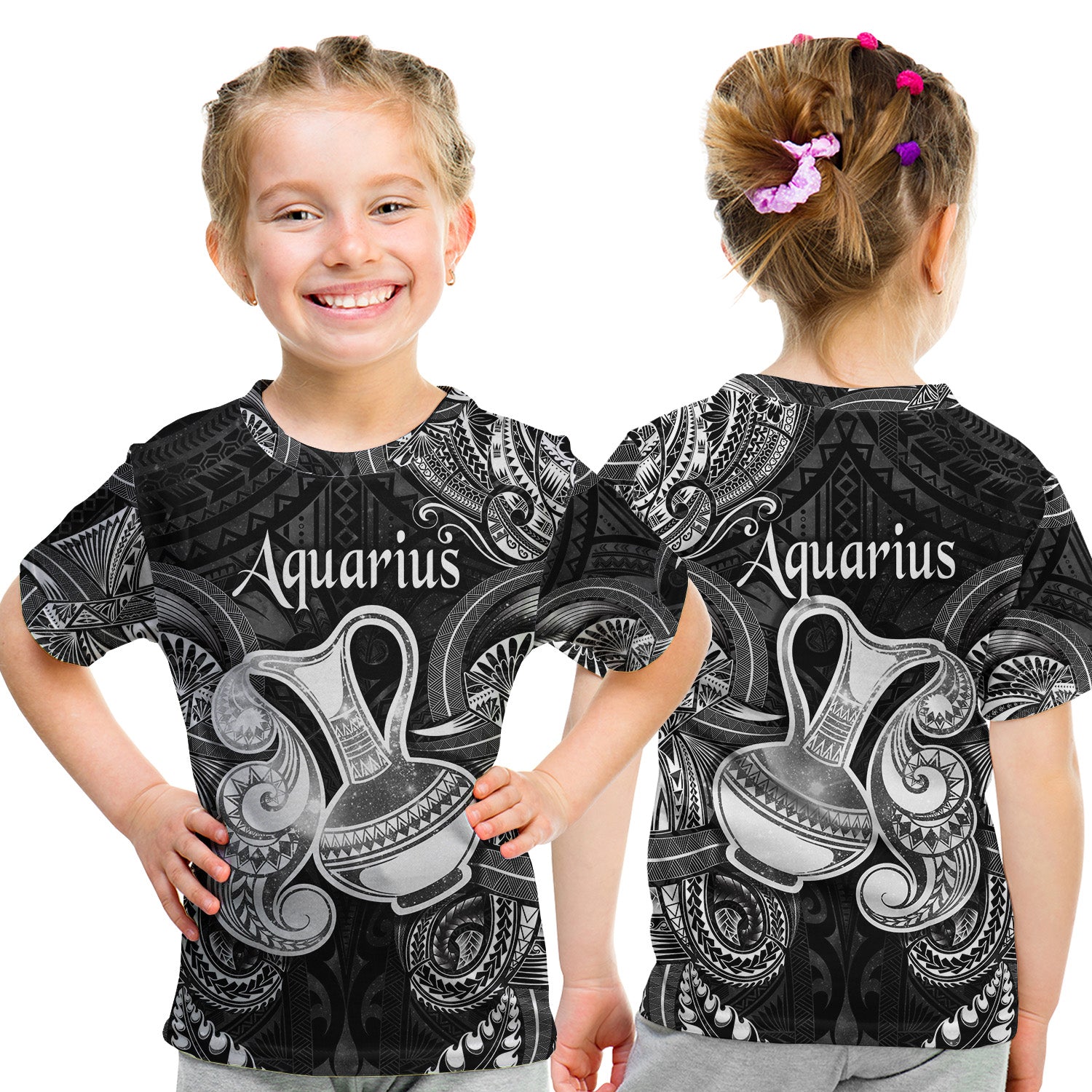 Aquarius Zodiac Polynesian T Shirt Kid Unique Style - Black LT8 - Polynesian Pride