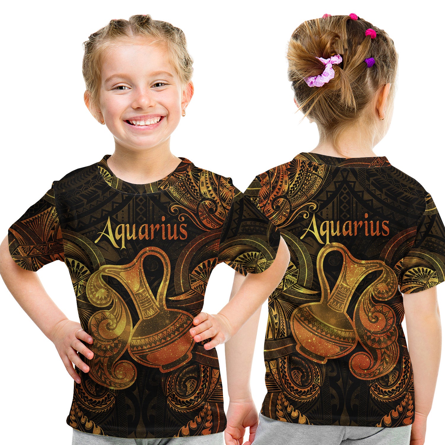 Aquarius Zodiac Polynesian T Shirt Kid Unique Style - Gold LT8 - Polynesian Pride