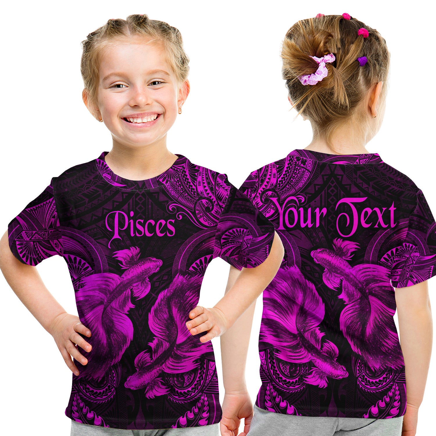 (Custom Personalised) Pisces Zodiac Polynesian T Shirt Kid Unique Style - Pink LT8 - Polynesian Pride