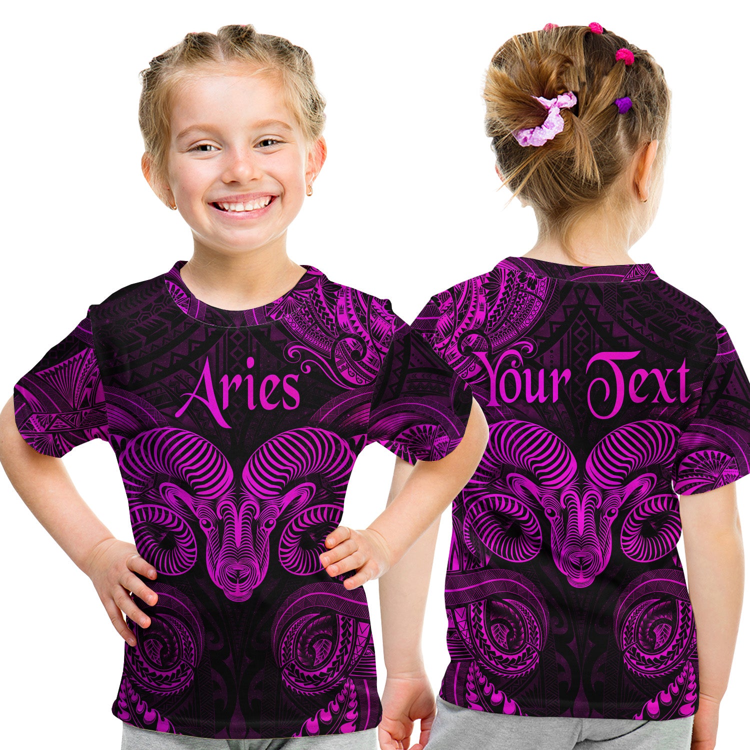 (Custom Personalised) Aries Zodiac Polynesian T Shirt Kid Unique Style - Pink LT8 - Polynesian Pride