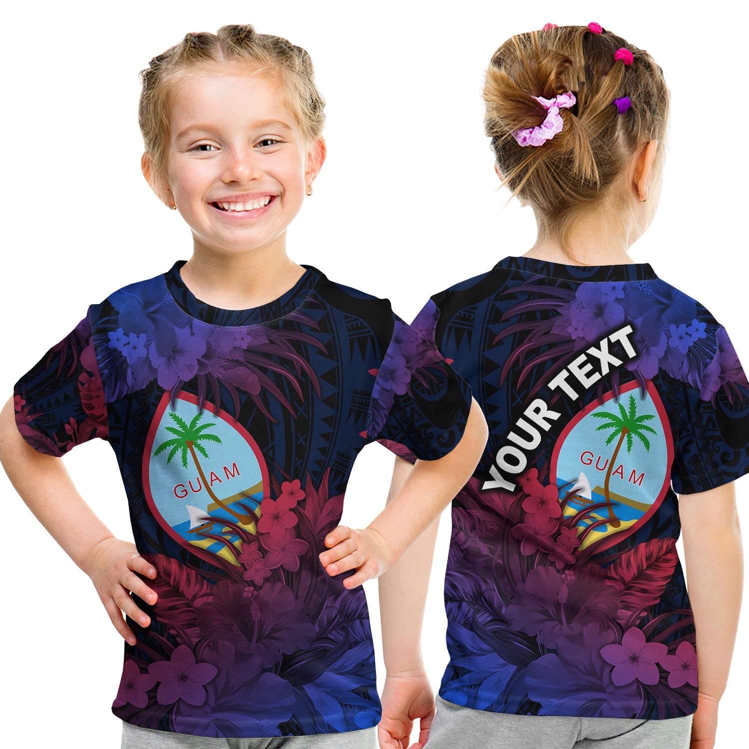 (Custom Personalised) Guam Polynesian T Shirt KID Tropical Flowers - Gradient Vibes LT8 - Polynesian Pride