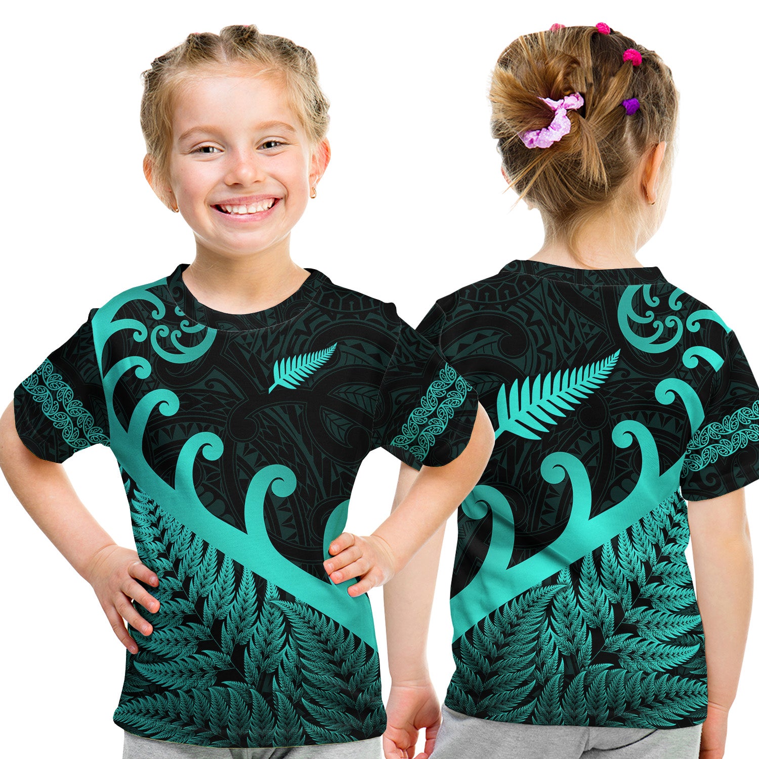 New Zealand Rugby Maori T Shirt Kid Silver Fern Koru Vibes - Turquoise LT8 - Polynesian Pride