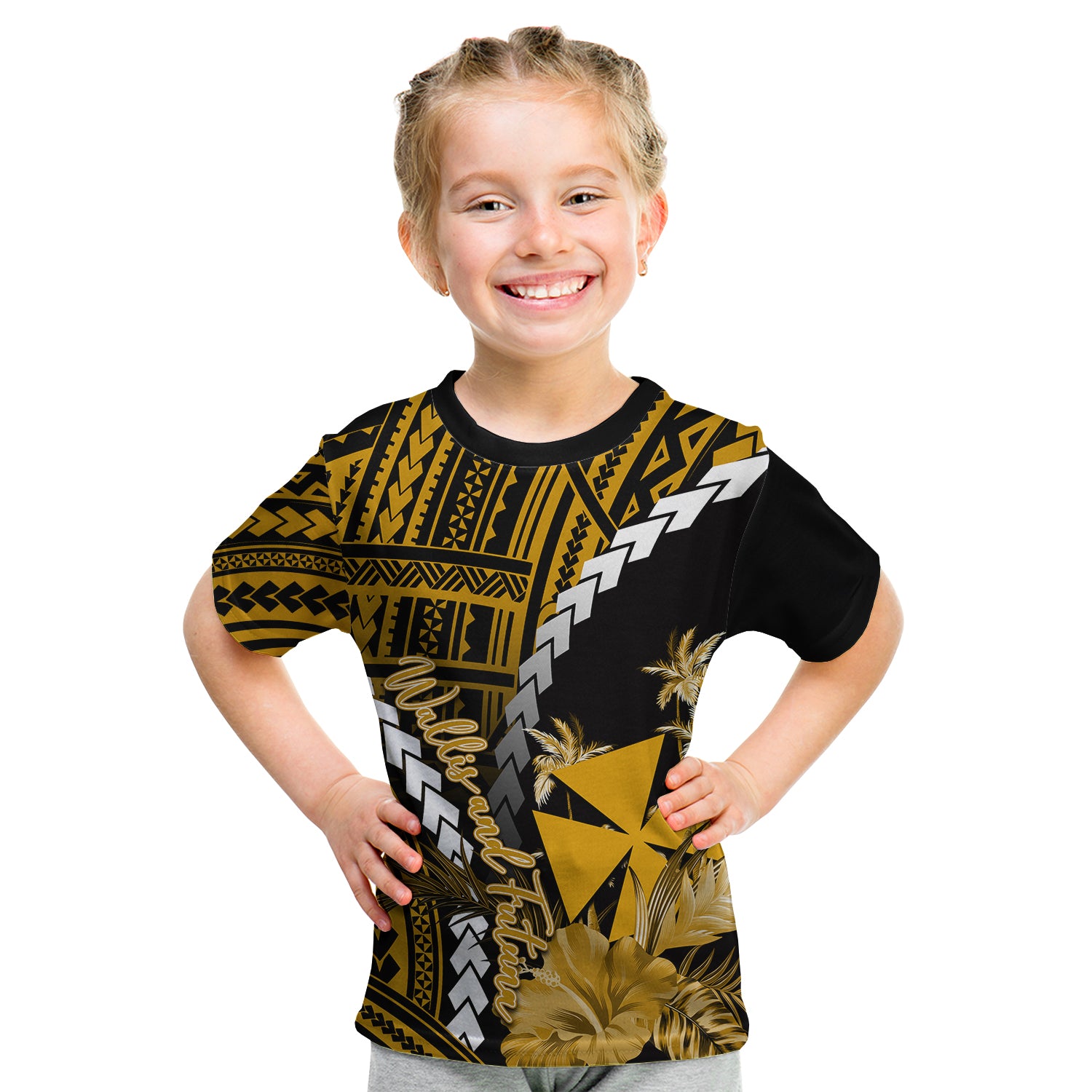 (Custom Personalised)Wallis and Futuna T Shirt KID Polynesian Style Gold Color LT6 - Polynesian Pride