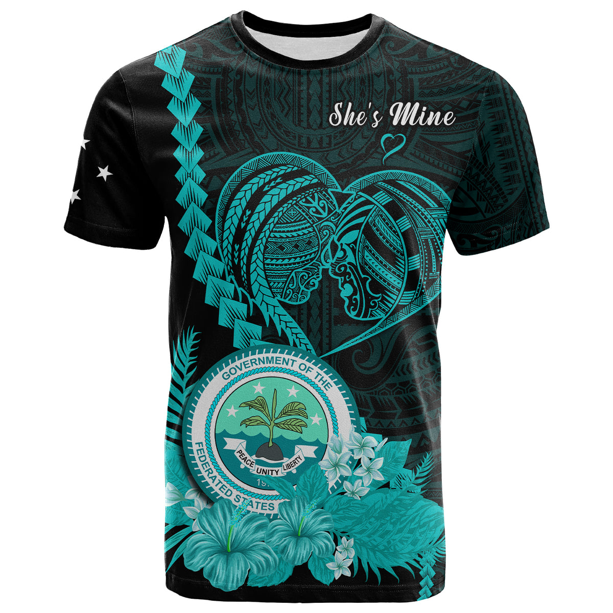 Custom FSM Valentine Couple T Shirt Heart Love Tropical Flowers Turquoise LT14 - Polynesian Pride