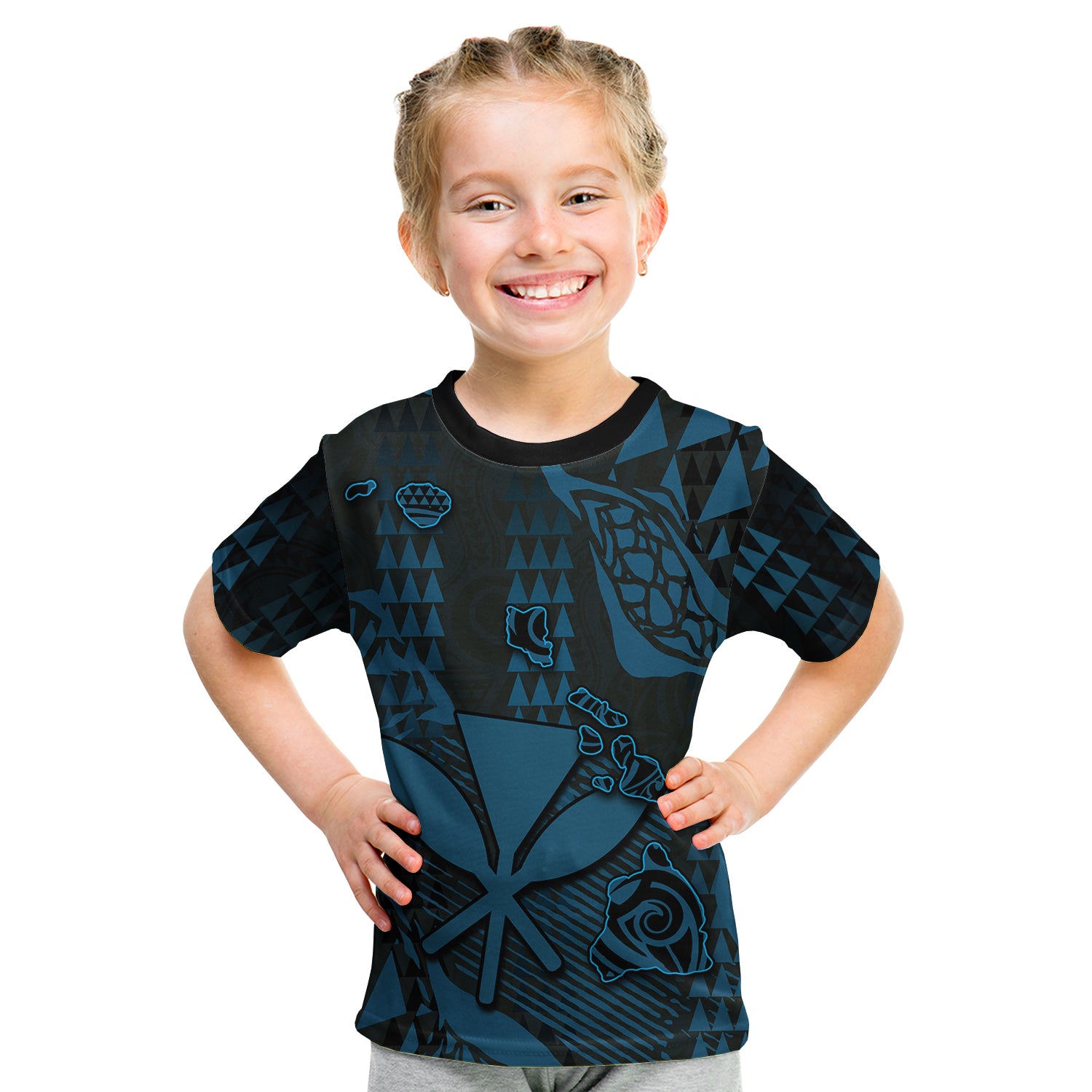 (Custom Personalised) Hawaii Kanaka Map T Shirt Kid Blue Style LT6 Youth XL Size14 - Polynesian Pride