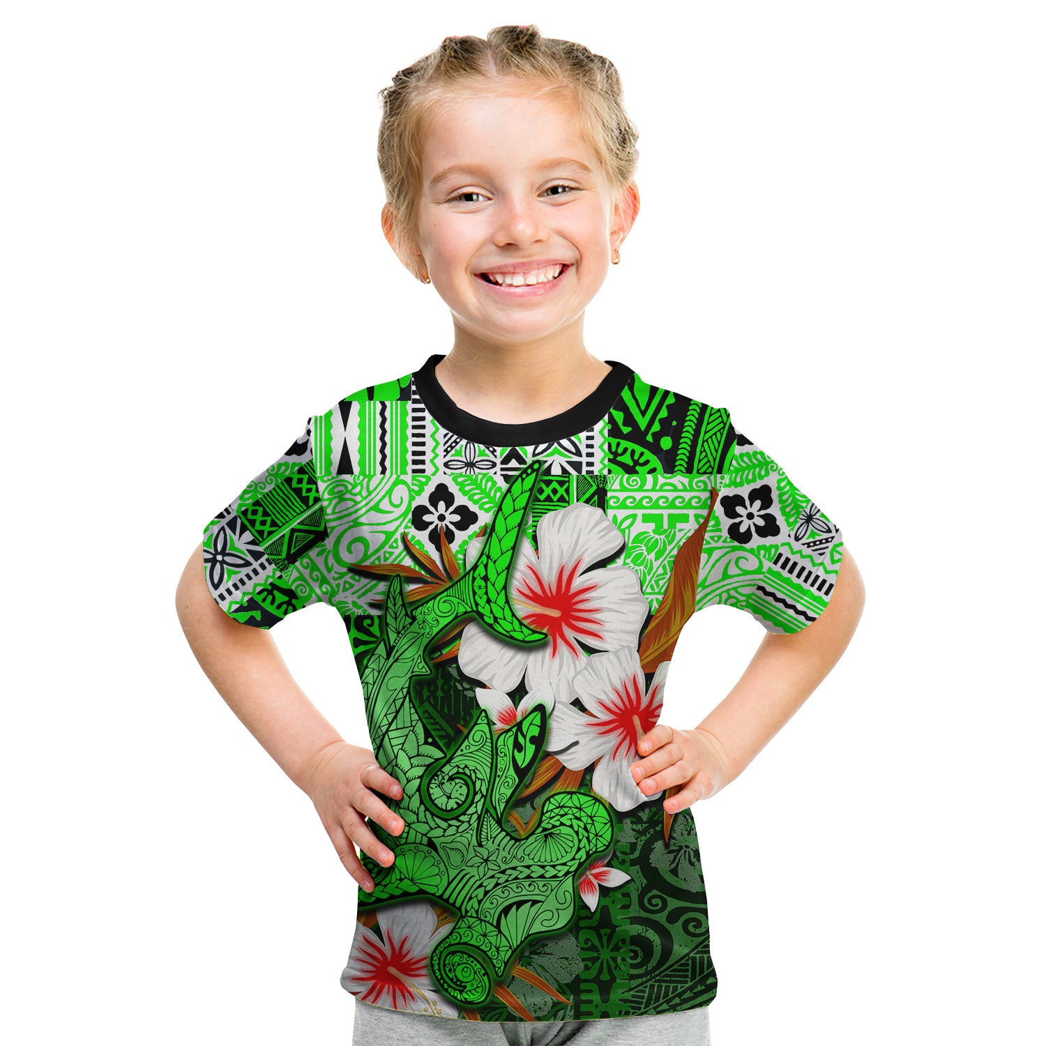 (Custom Personalised) Hammerhead Shark T Shirt Kid Hawaii Style Green LT6 - Polynesian Pride