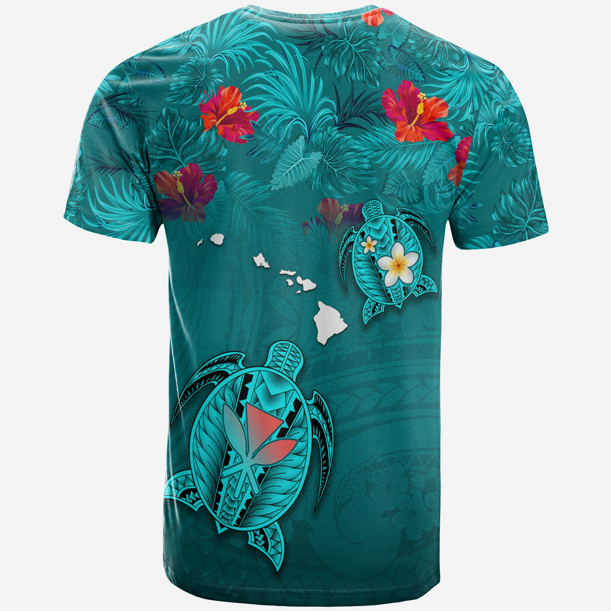 Custom Hawaiian Islands T Shirt Hawaii Tropical Flowers and Turtles Turquoise LT13 - Polynesian Pride