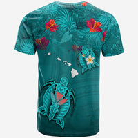 Hawaiian Islands T Shirt Hawaii Tropical Flowers and Turtles Turquoise LT13 - Polynesian Pride