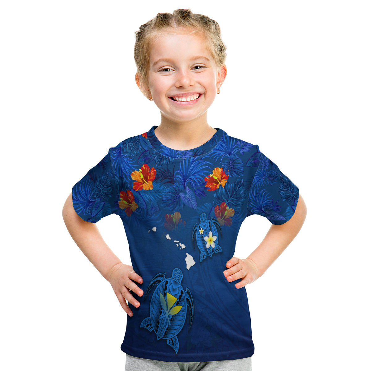 Hawaiian Islands T Shirt Kid - Hawaii Tropical Flowers And Turtles Blue LT13 Youth XL Size14 - Polynesian Pride