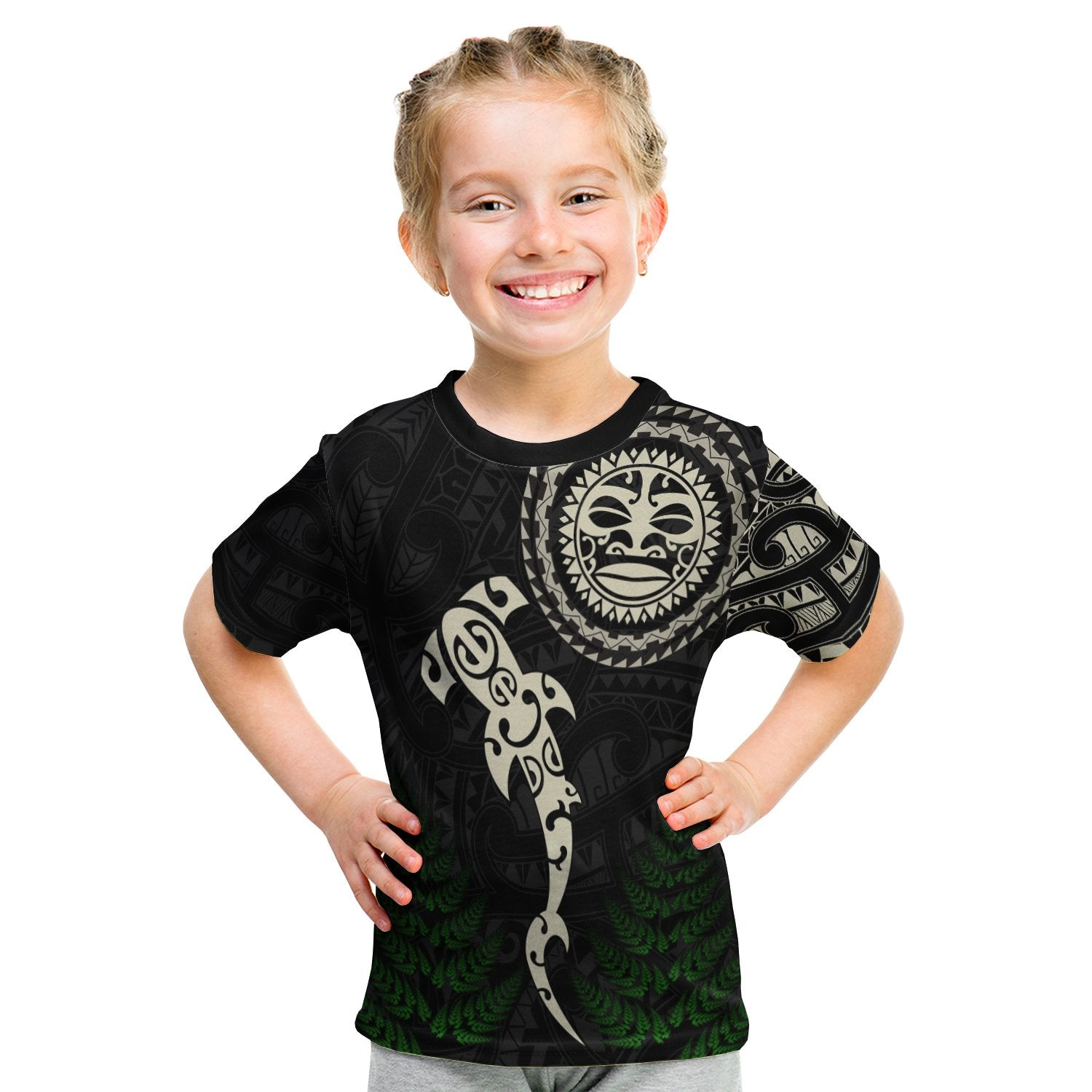 Aotearoa Fern T Shirt Kid Maori Manaia And Fish LT13 - Polynesian Pride