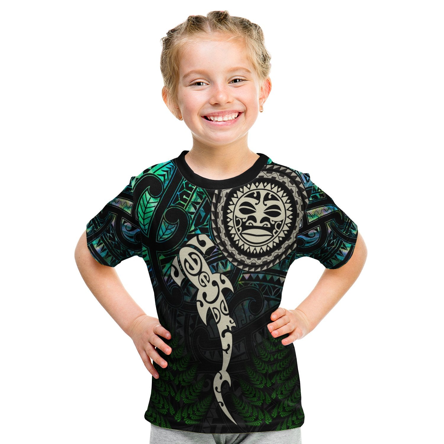 Aotearoa Paua Shell T Shirt Kid Maori Manaia And Fish LT13 - Polynesian Pride