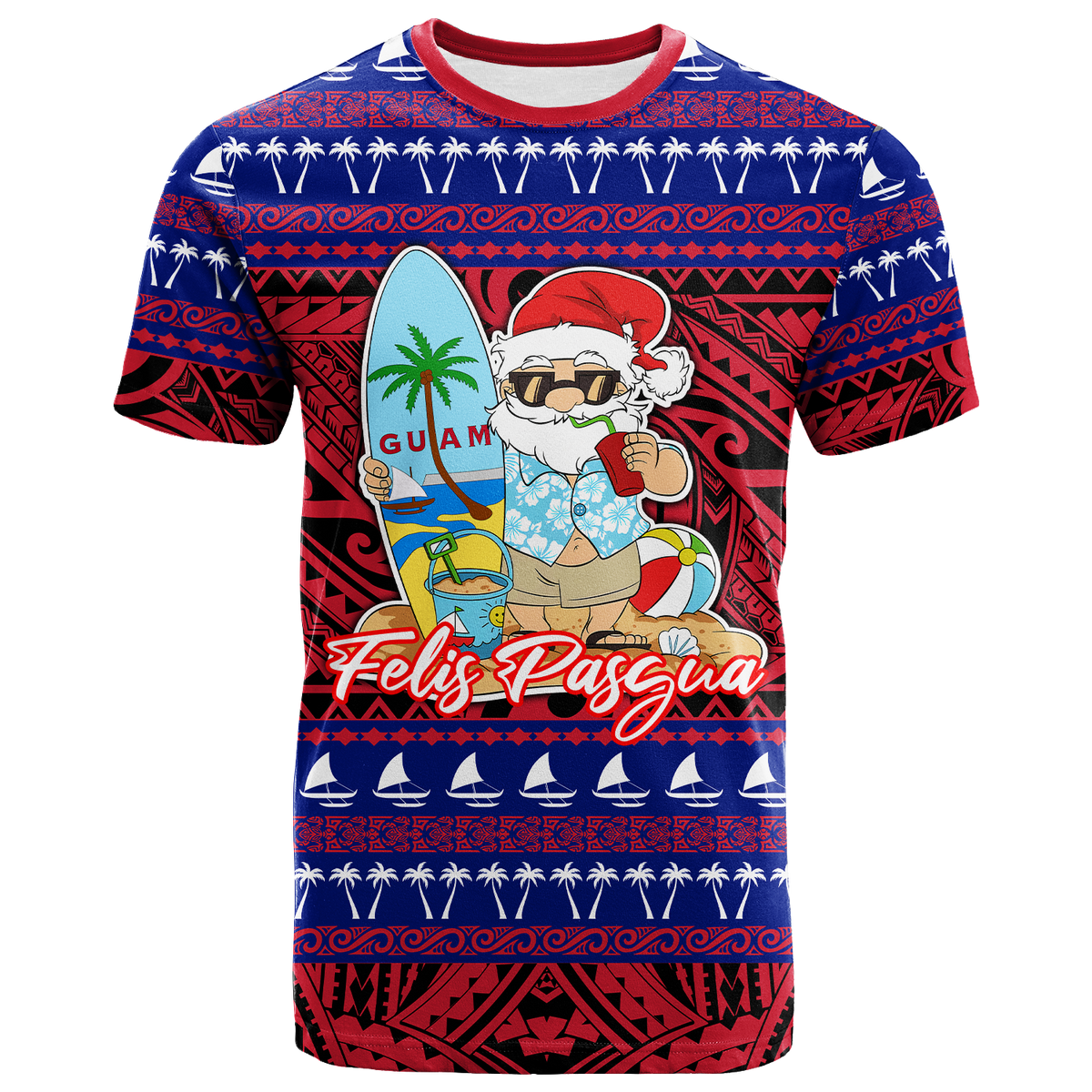 Guam Christmas Felis Pasgua Santas Guam Surf Board T Shirt LT2 RED - Polynesian Pride