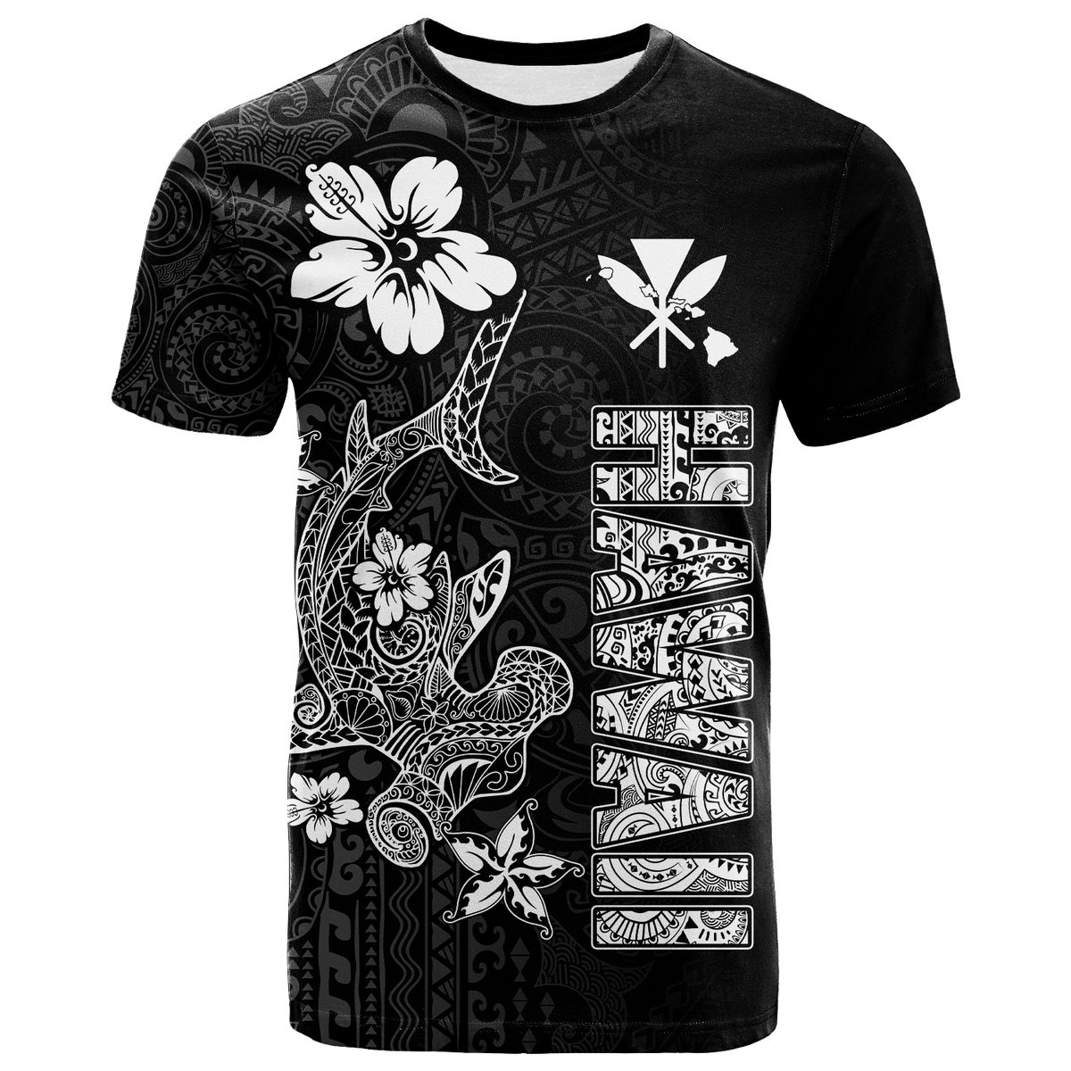 Hawaii Hammerhead Shark Hibiscus Hawaii Pattern T Shirt LT2 BLACK - Polynesian Pride