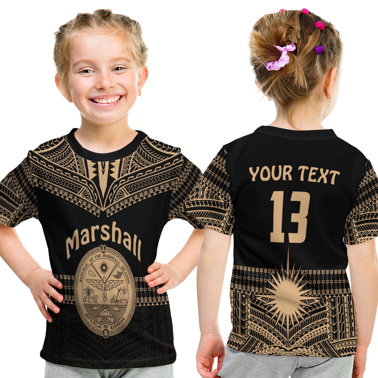 (Custom Text And Number) Marshall Islands T Shirt Kid Best Tattoo Version Golden LT13 - Polynesian Pride