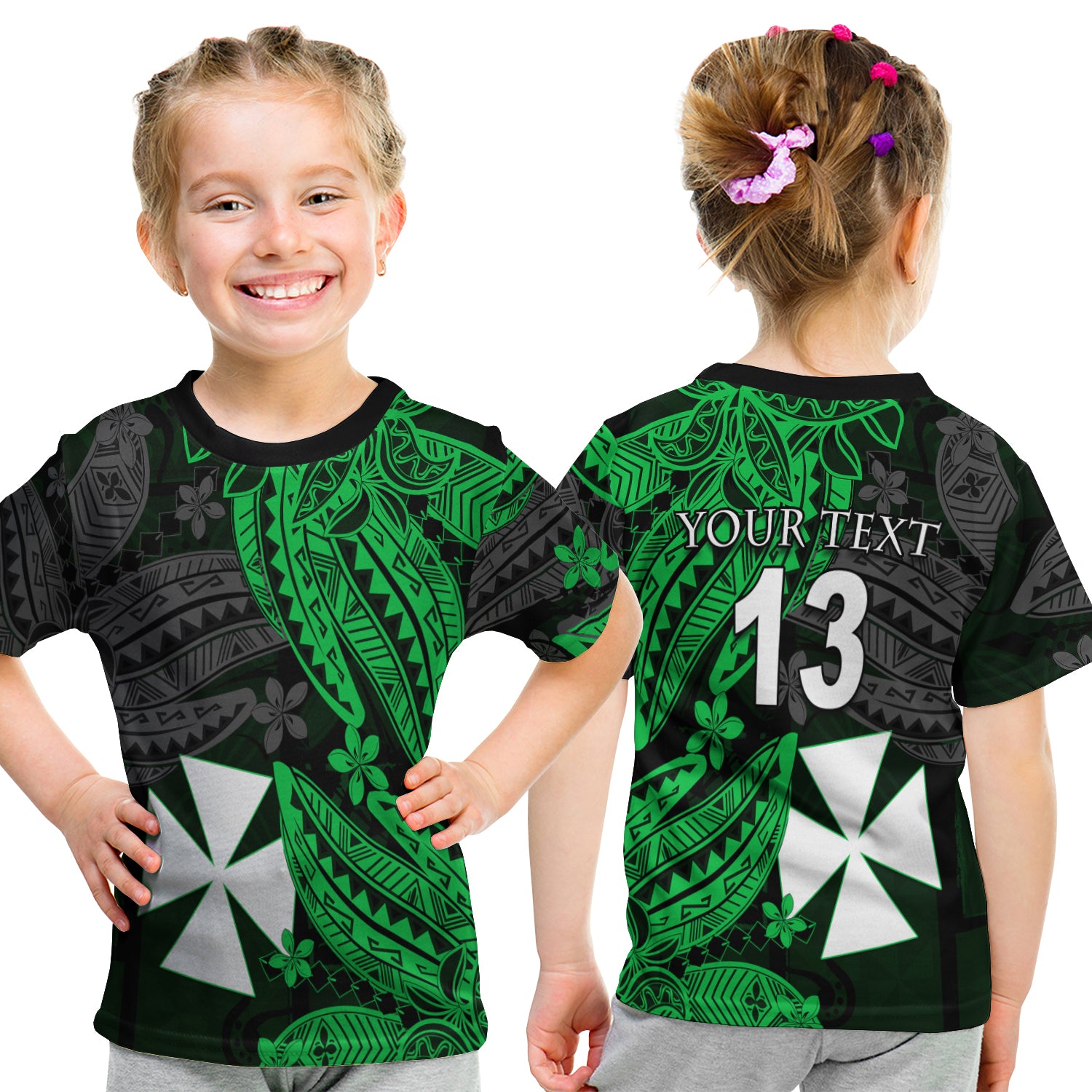 (Custom Text And Number) Wallis And Futuna T Shirt Kid Enjoy Polynesian Flowers Version Green LT13 - Polynesian Pride