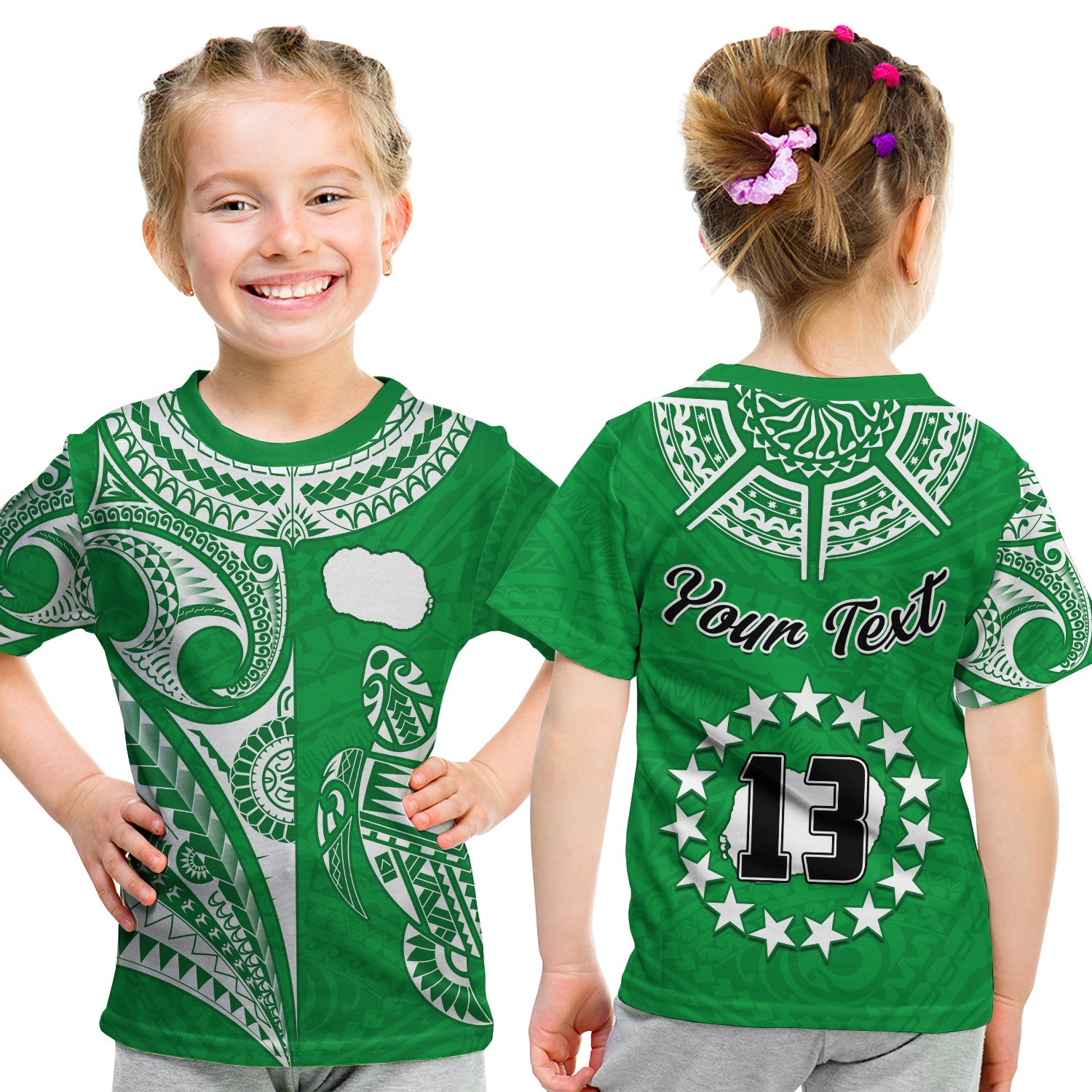 (Custom Text and Number) Rarotonga Cook Islands T Shirt KID Turtle and Map Style Green LT13 - Polynesian Pride