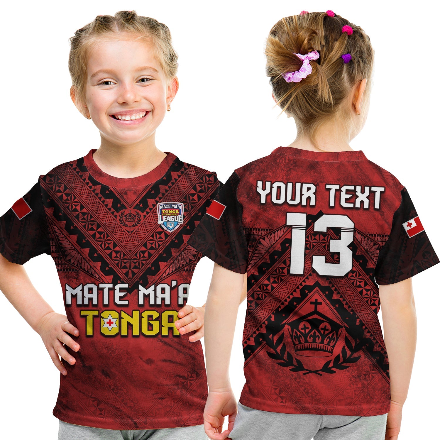 (Custom Text and Number) Tonga Rugby MMT T Shirt KID Ngatu Mate Maa Tonga Grunge LT13 - Polynesian Pride