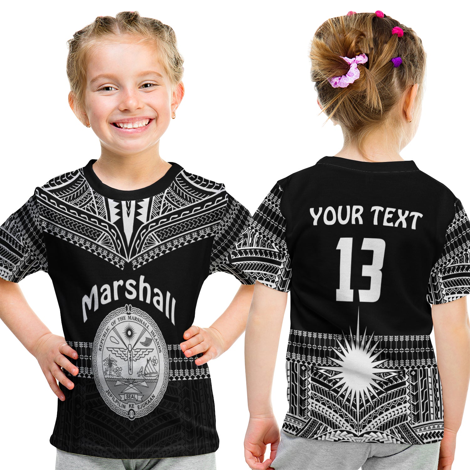 (Custom Text And Number) Marshall Islands T Shirt Kid Best Tattoo Version Black LT13 - Polynesian Pride