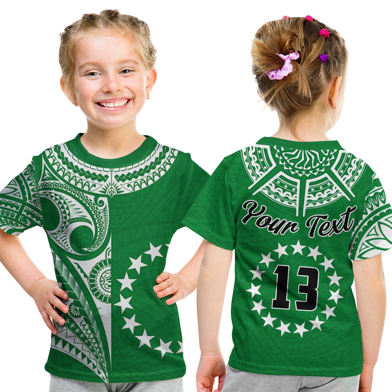 (Custom Text and Number) Cook Islands Tatau T Shirt KID Symbolize Passion Stars Version Green LT13 Youth XL Size14 - Polynesian Pride