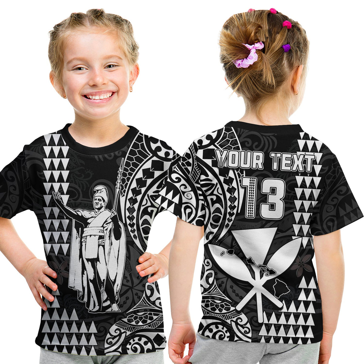 (Custom Text and Number) Hawaii Day Kakau T Shirt KID Proud To Be Hawaiian Black King Kamehameha and Kanaka Maoli LT13 Youth XL Size14 - Polynesian Pride