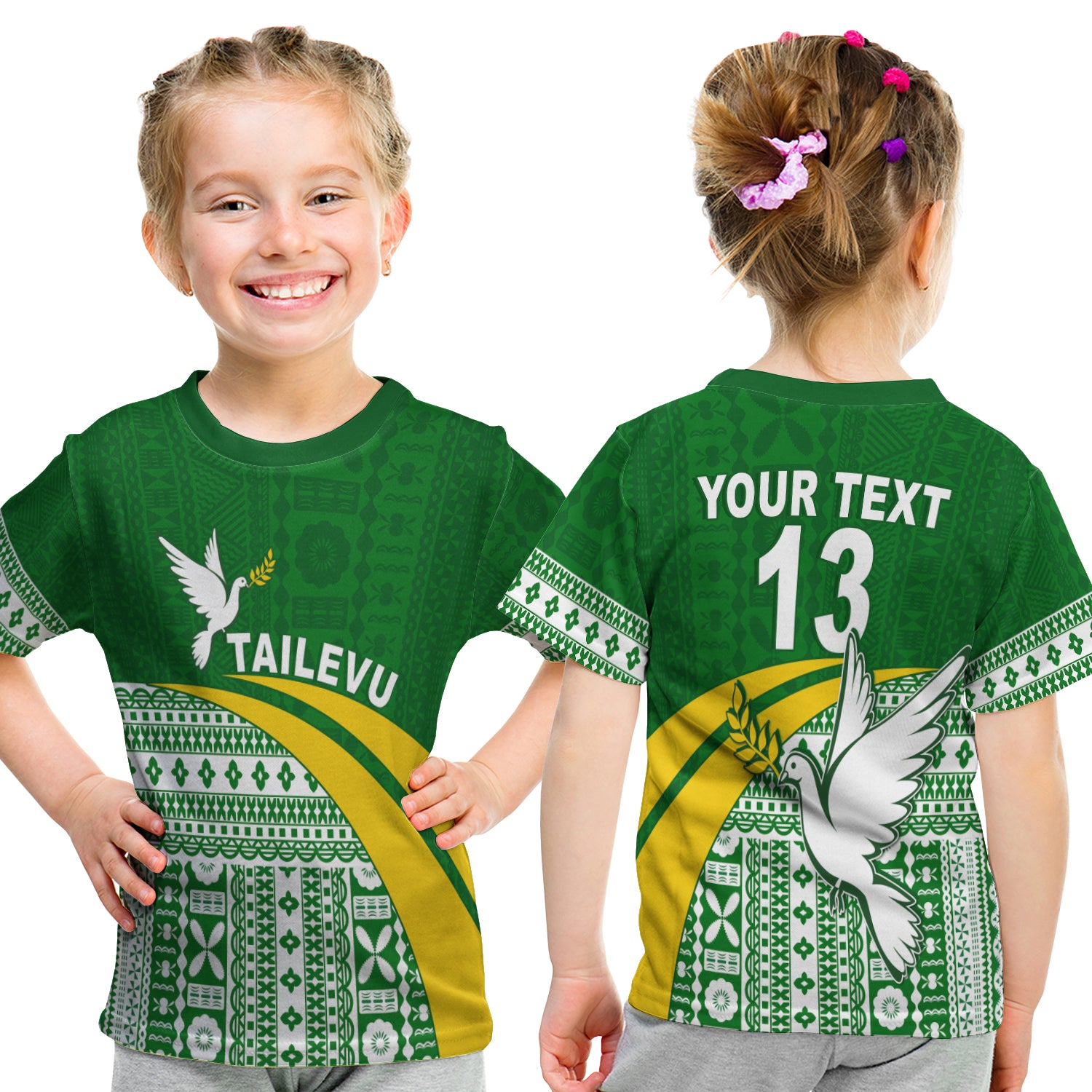 (Custom Text And Number) Tailevu Rugby T Shirt Kid Fiji Rugby Tapa Pattern Green LT13 - Polynesian Pride