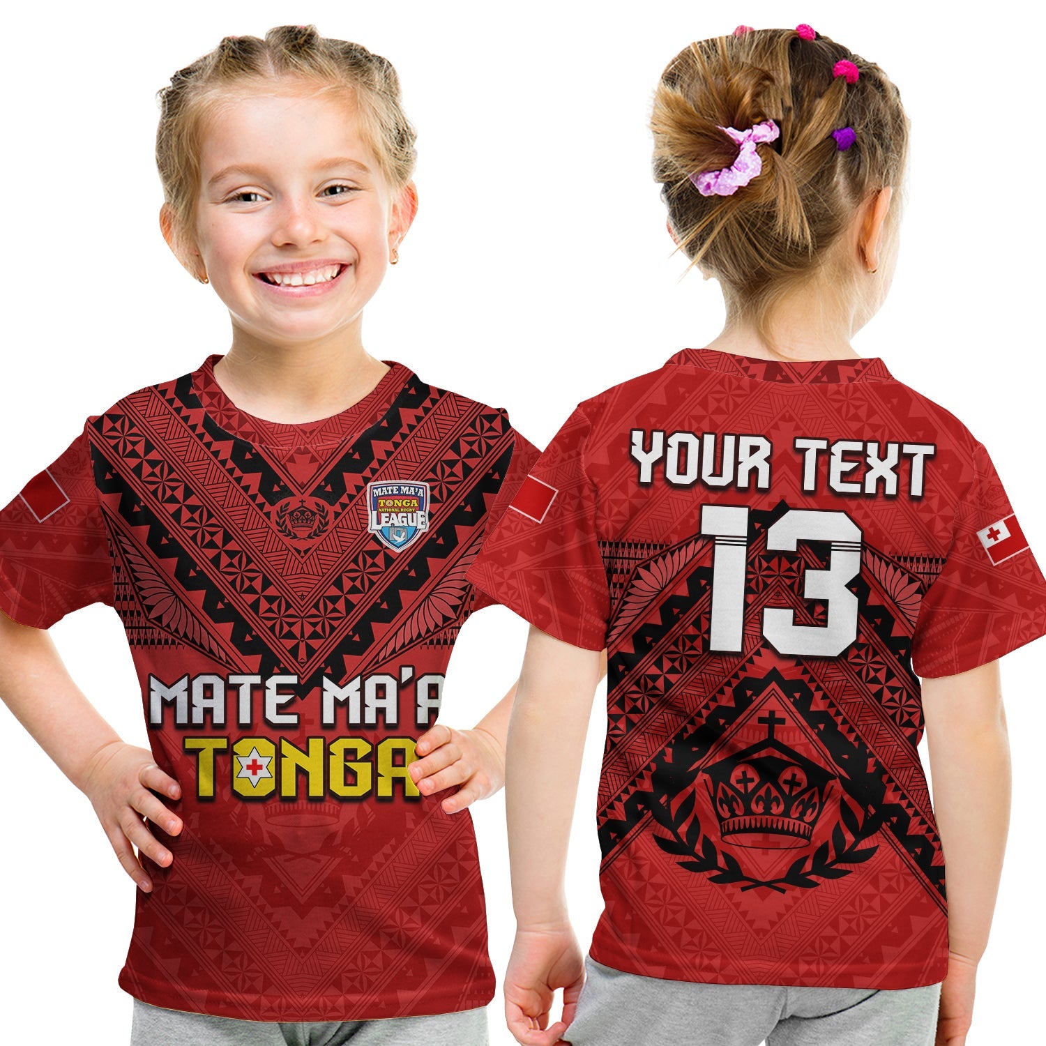 (Custom Text and Number) Tonga Rugby MMT T Shirt KID Ngatu Mate Maa Tonga Simple LT13 - Polynesian Pride