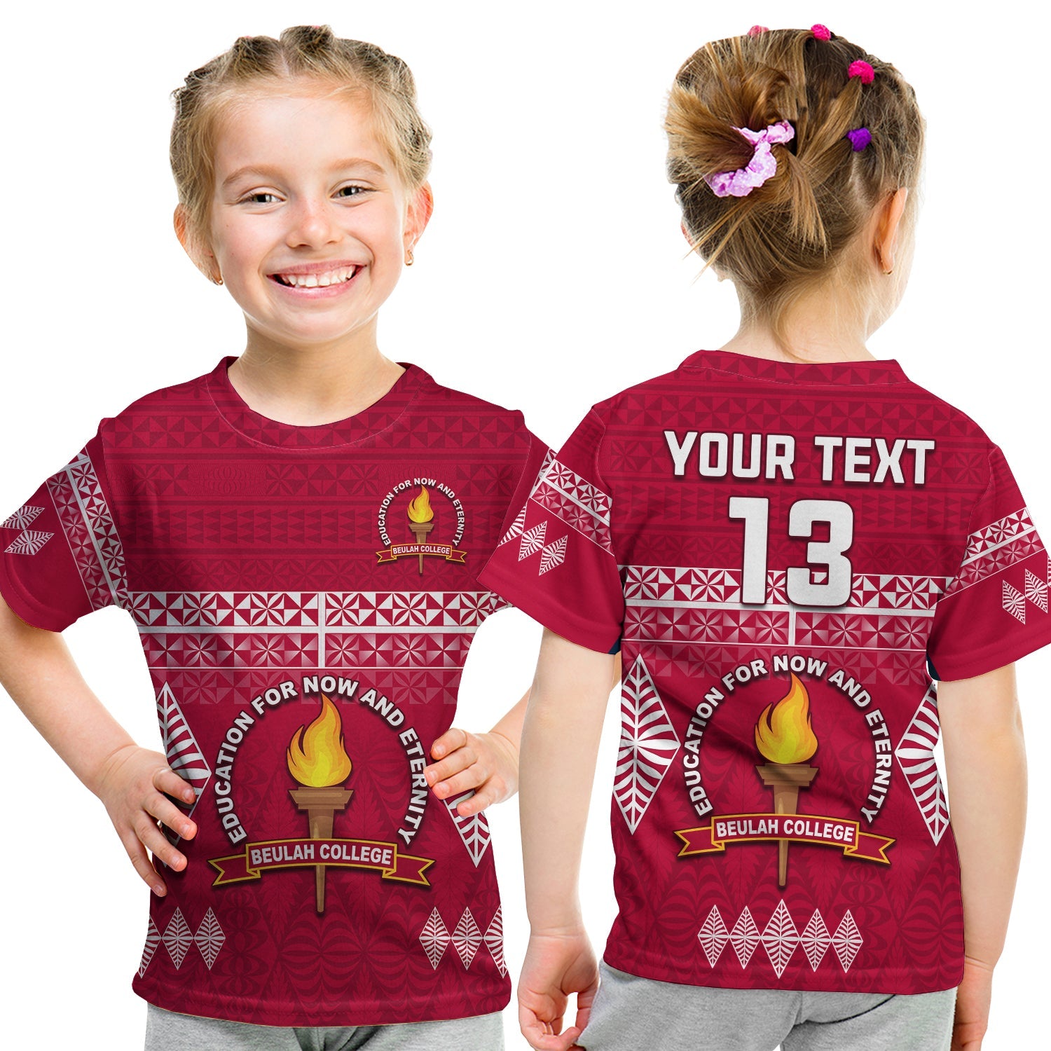 (Custom Text and Number) Beulah College T Shirt KID Ngatu Pattern Tonga LT13 - Polynesian Pride