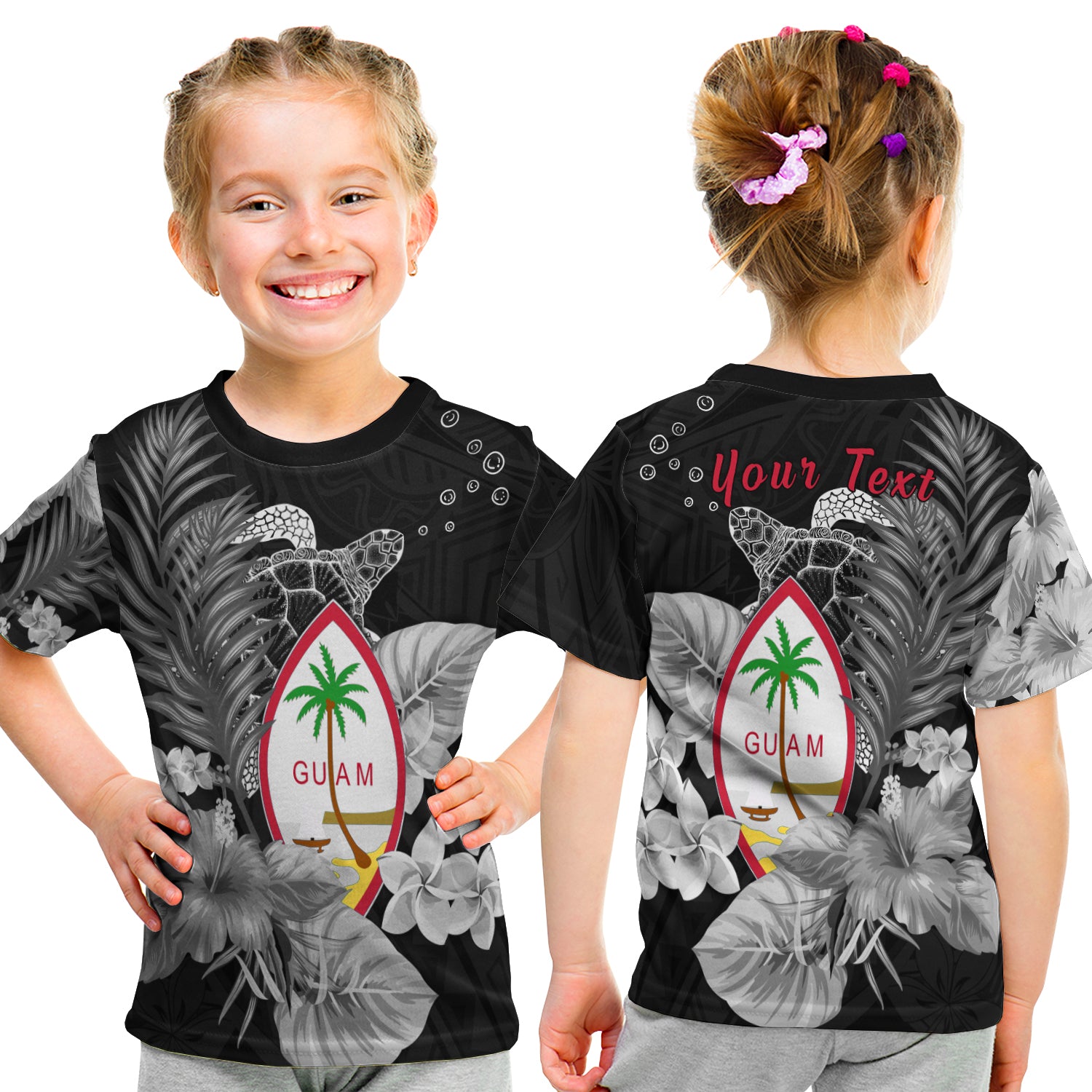 (Custom Personalised) Guam Seal T Shirt Kid Polynesian Turtle With Flowers Version White LT13 - Polynesian Pride