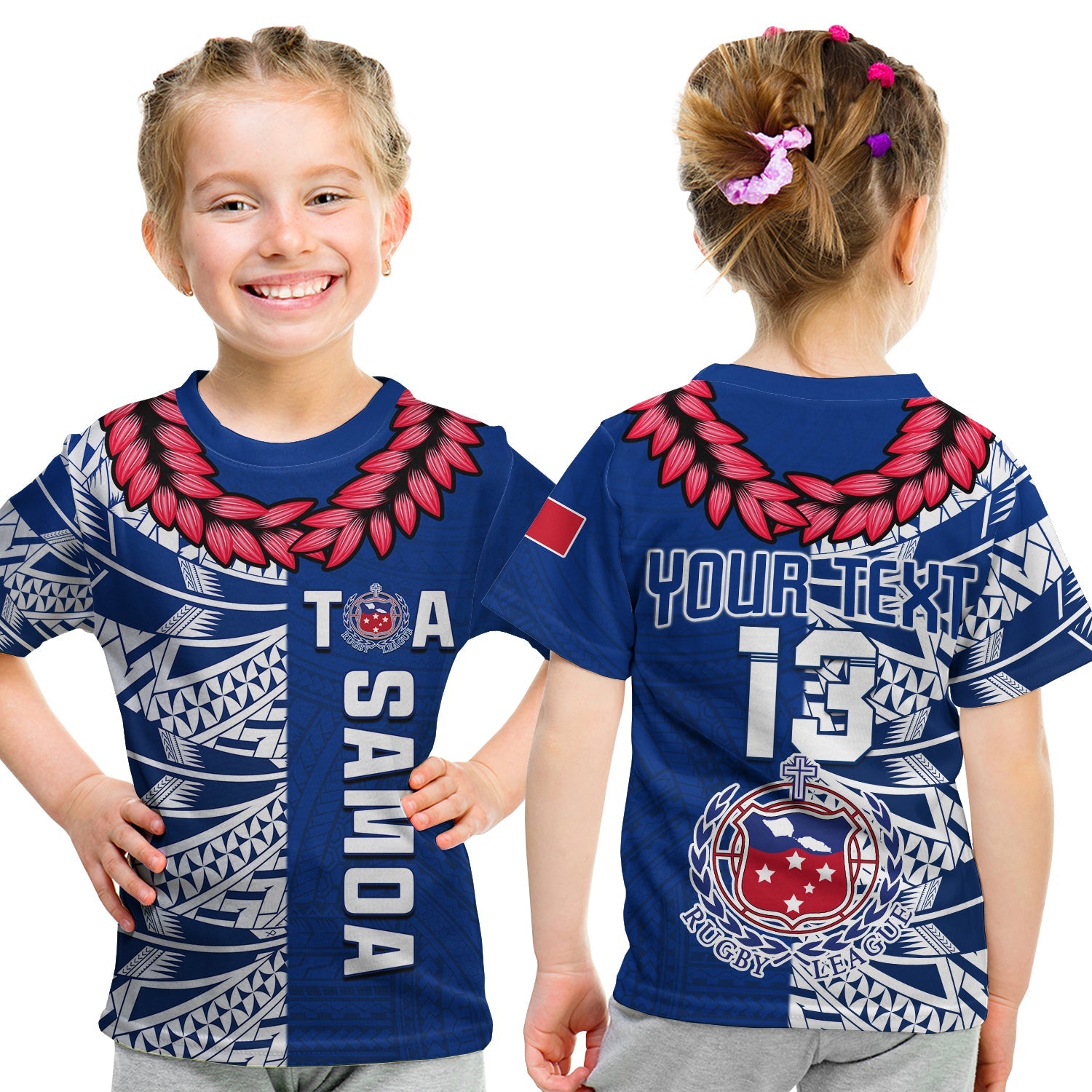 (Custom Personalise Text and Number) Toa Samoa Rugby T Shirt KID Siamupini Ula Fala Blue LT13 Blue - Polynesian Pride