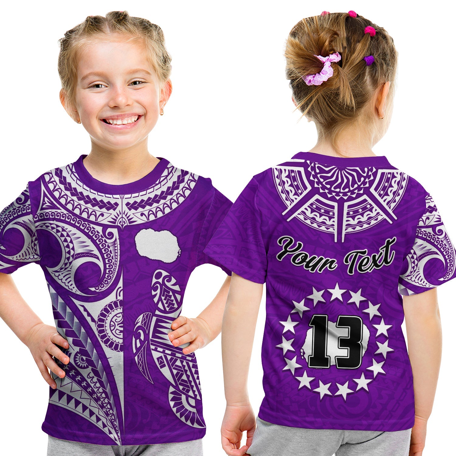 (Custom Text and Number) Rarotonga Cook Islands T Shirt KID Turtle and Map Style Purple LT13 - Polynesian Pride