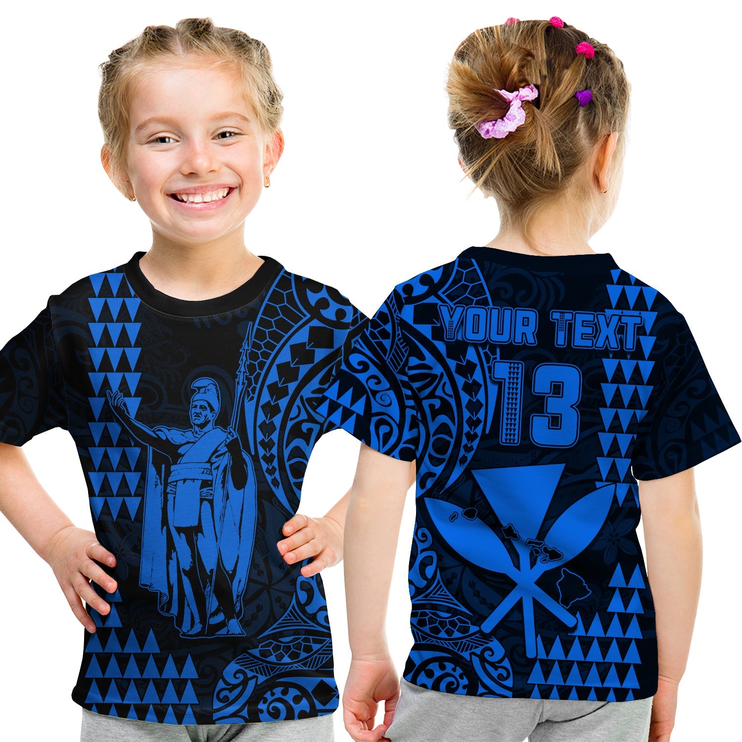 (Custom Text and Number) Hawaii Day Kakau T Shirt KID Proud To Be Hawaiian Blue King Kamehameha and Kanaka Maoli LT13 - Polynesian Pride