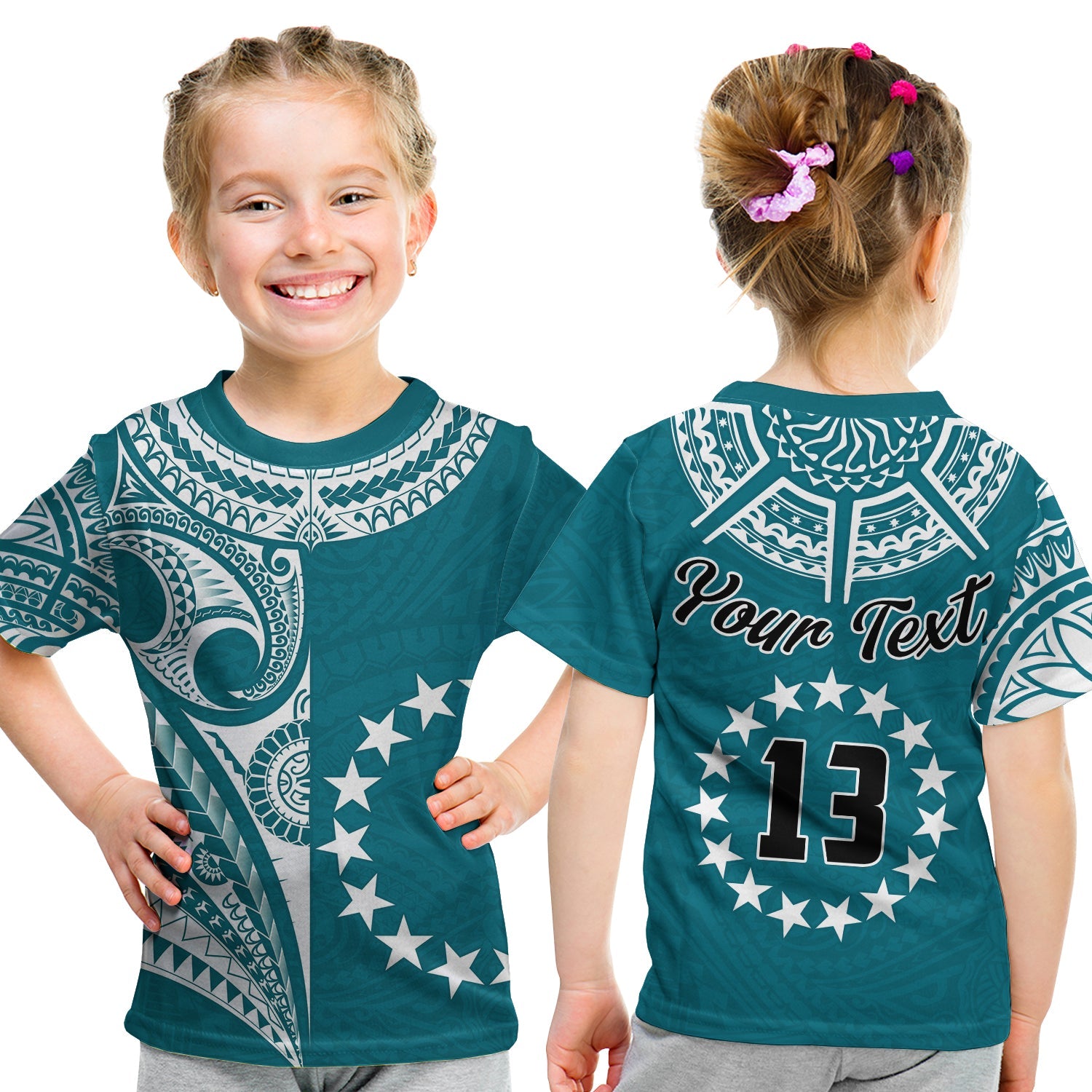 (Custom Text and Number) Cook Islands Tatau T Shirt KID Symbolize Passion Stars Version Blue LT13 Youth XL Size14 - Polynesian Pride