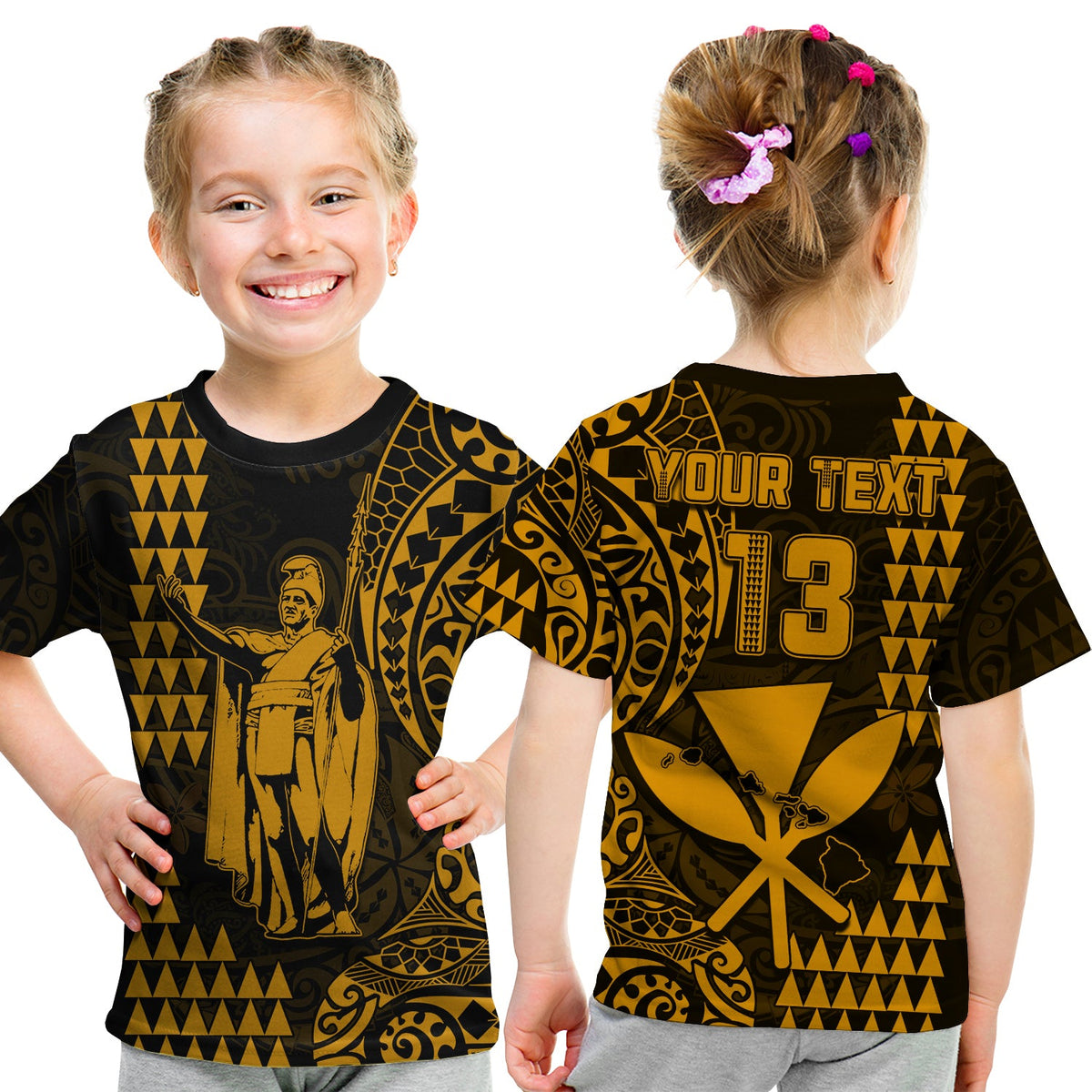 (Custom Text and Number) Hawaii Day Kakau T Shirt KID Proud To Be Hawaiian Gold King Kamehameha and Kanaka Maoli LT13 Youth XL Size14 - Polynesian Pride