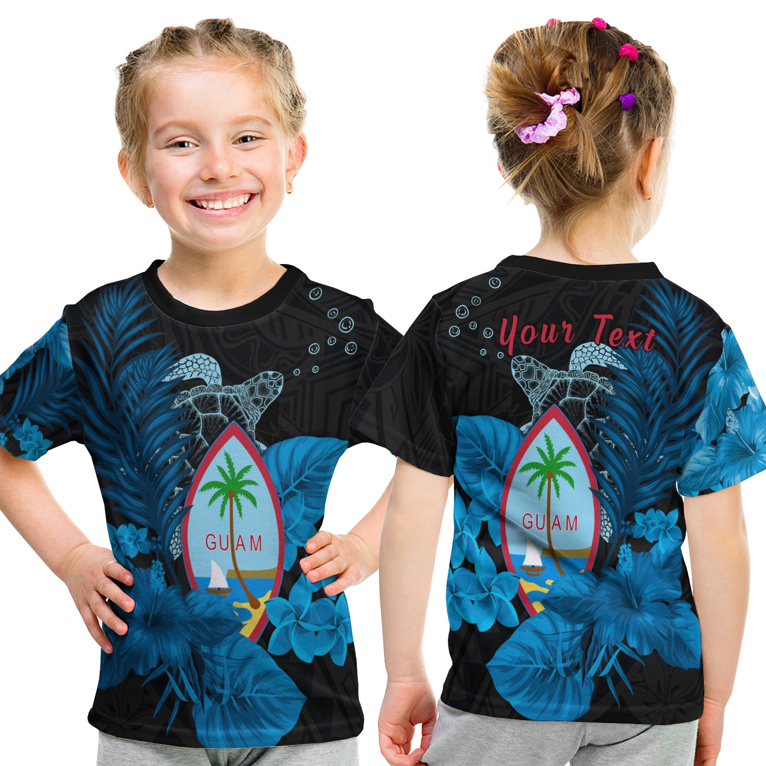 (Custom Personalised) Guam Seal T Shirt Kid Polynesian Turtle With Flowers Version Blue LT13 - Polynesian Pride