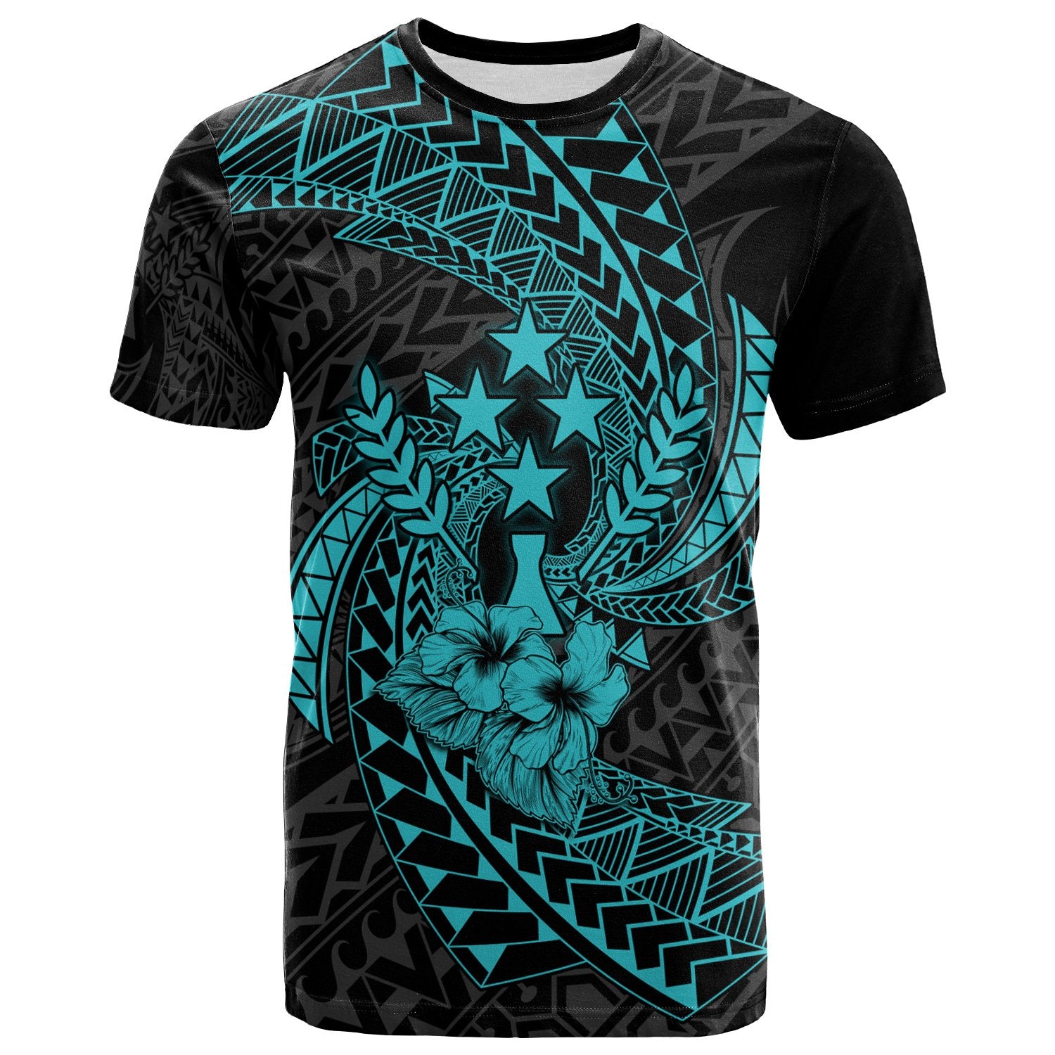 Chuuk Micronesian T Shirt Turquoise Spiral Pattern Hibiscus Unisex TURQUOISE - Polynesian Pride