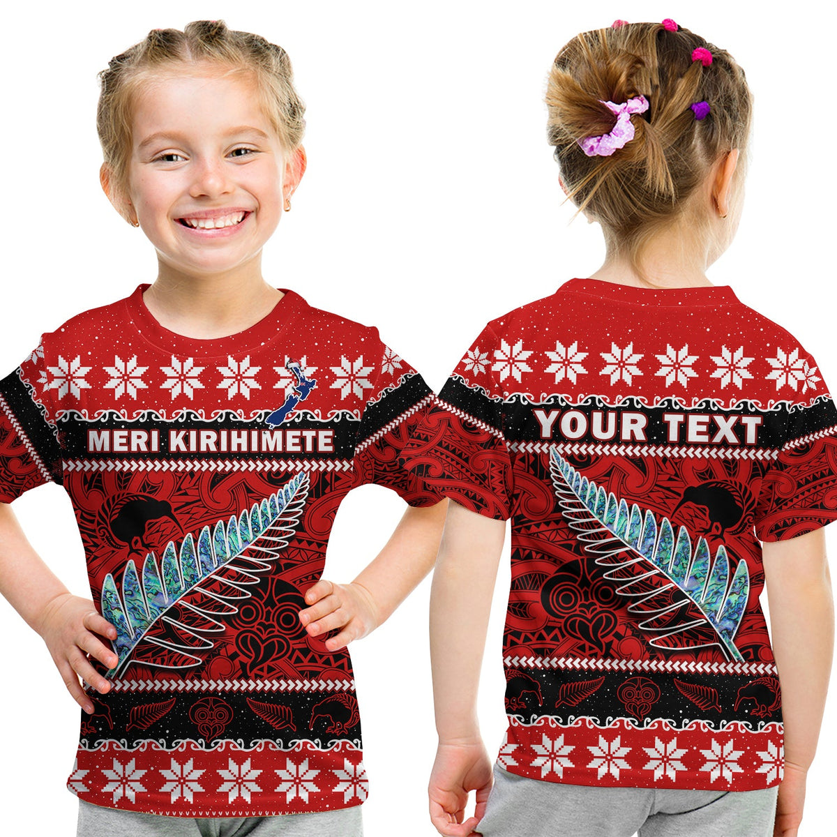 (Custom Personalised) New Zealand Christmas T Shirt KID Paua Shell Silver Fern Meri Kirihimete LT14 Youth XL Size14 - Polynesian Pride